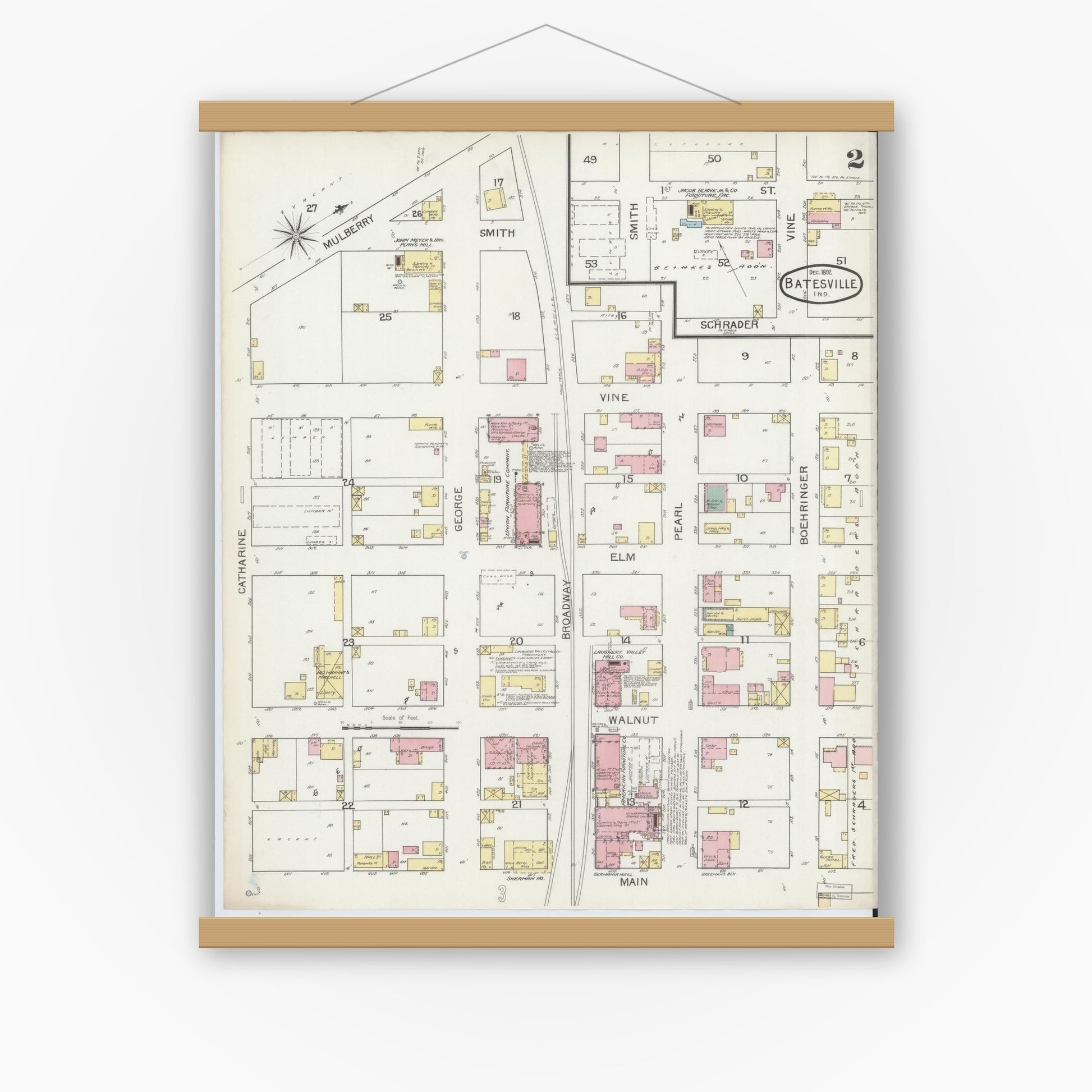 Old map wall art mockup — magnetic wood frame on white wall — Sanborn Fire Insurance Map from Batesville, Ripley County, Indiana (1892), Sheet #0002