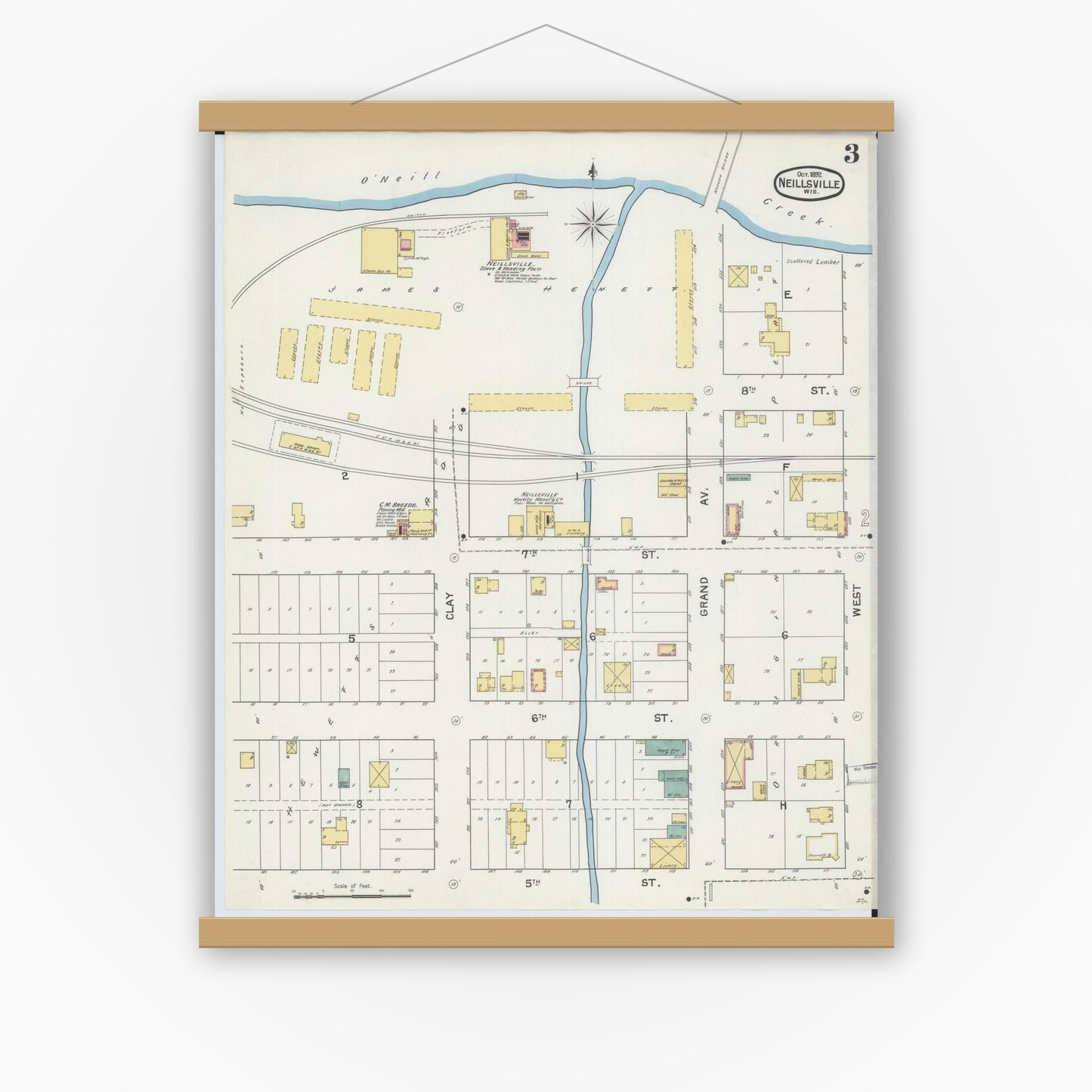 Old map wall art mockup — magnetic wood frame on white wall — Sanborn Fire Insurance Map from Neillsville, Clark County, Wisconsin (1892), Sheet #0003