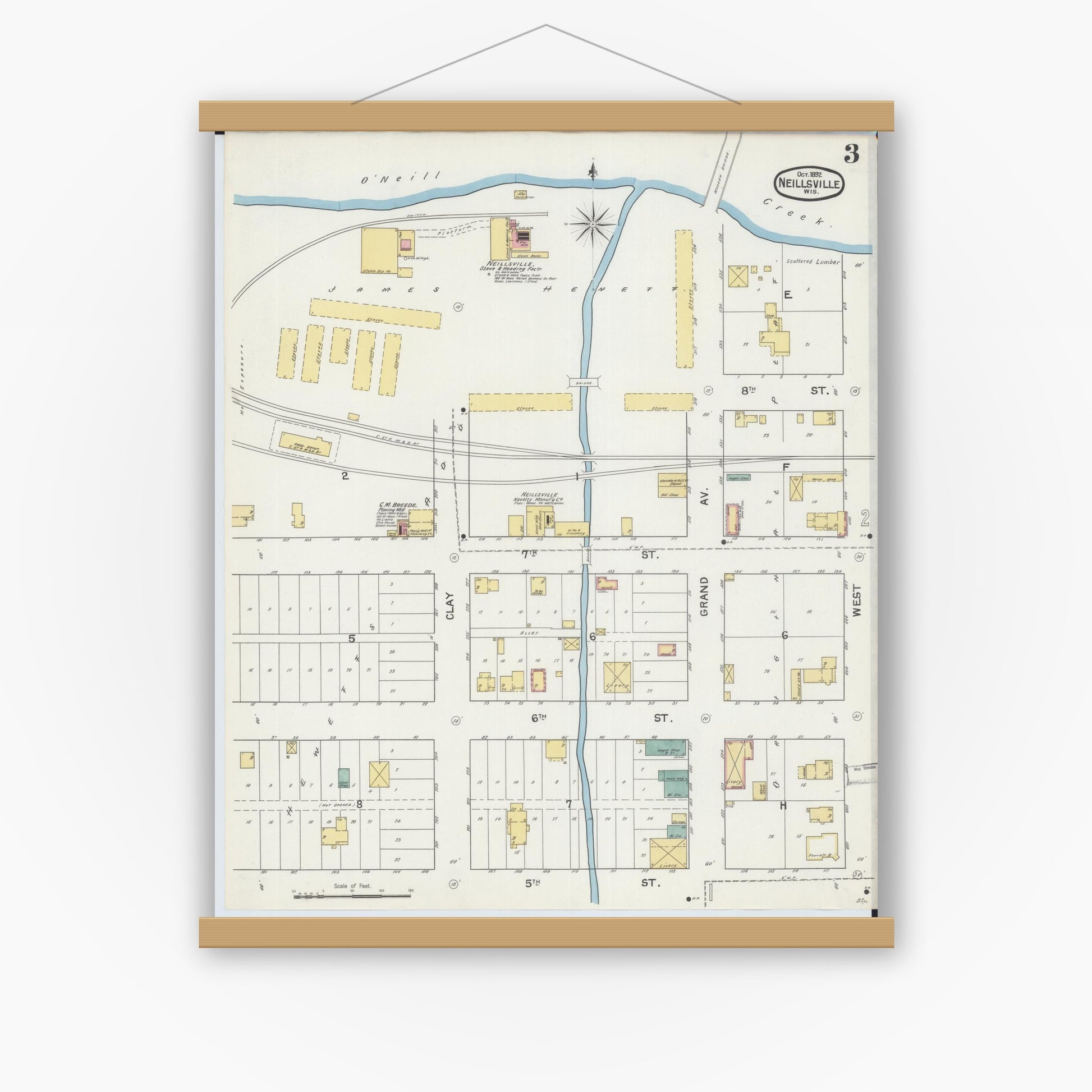 Old map wall art mockup — magnetic wood frame on white wall — Sanborn Fire Insurance Map from Neillsville, Clark County, Wisconsin (1892), Sheet #0003