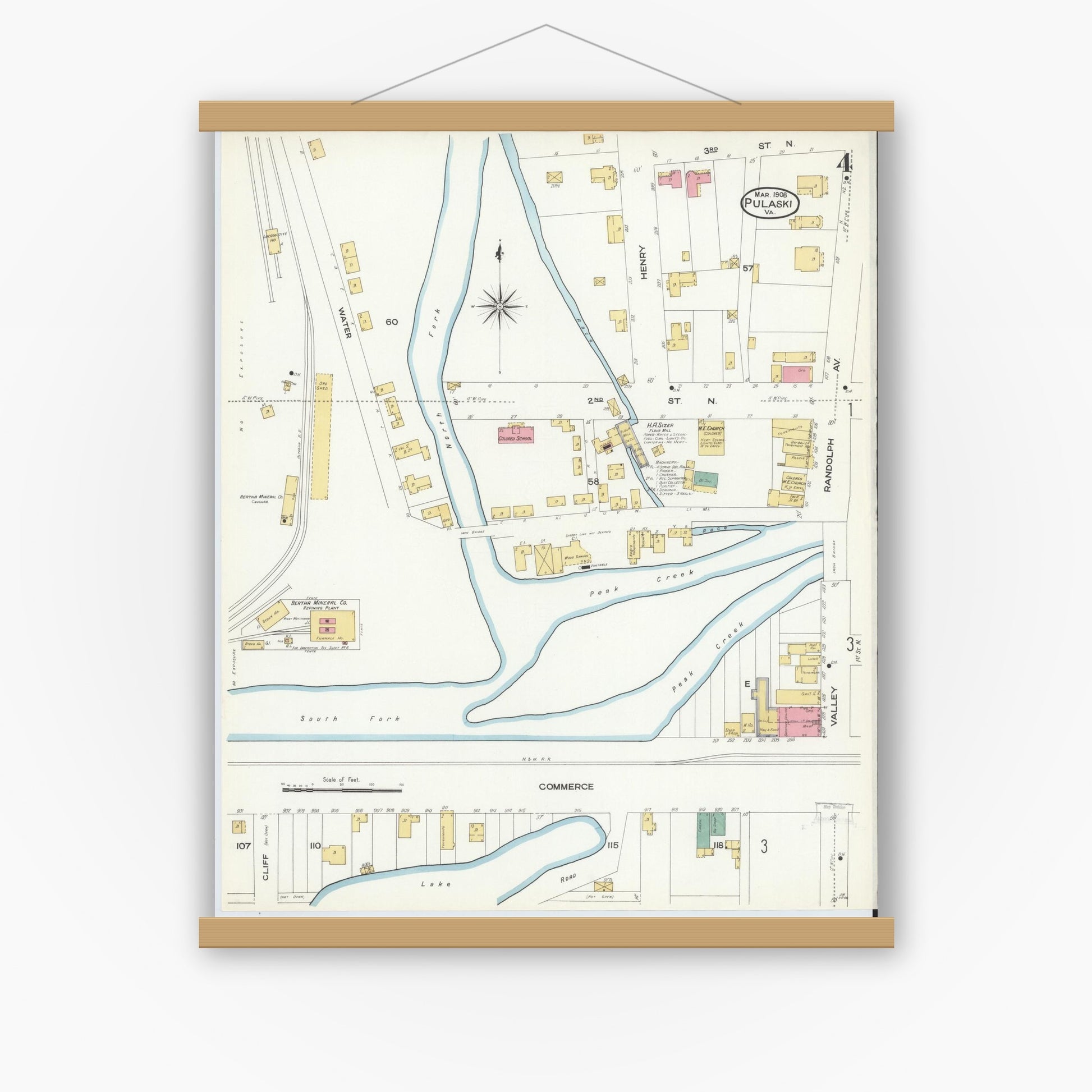 Old map wall art mockup — magnetic wood frame on white wall — Sanborn Fire Insurance Map from Pulaski, Pulaski County, Virginia (1908), Sheet #0004