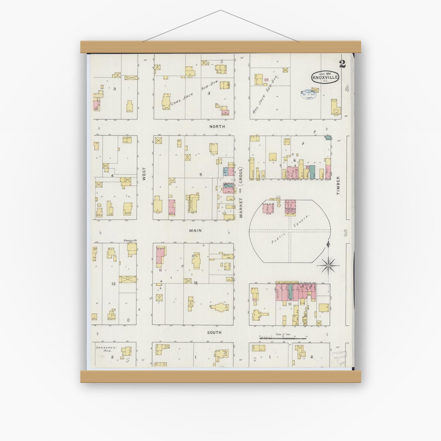 Old map wall art mockup — magnetic wood frame on white wall — Sanborn Fire Insurance Map from Knoxville, Knox County, Illinois (1894), Sheet #0002