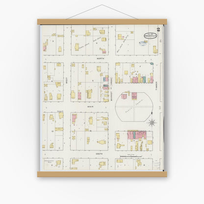 Old map wall art mockup — magnetic wood frame on white wall — Sanborn Fire Insurance Map from Knoxville, Knox County, Illinois (1894), Sheet #0002
