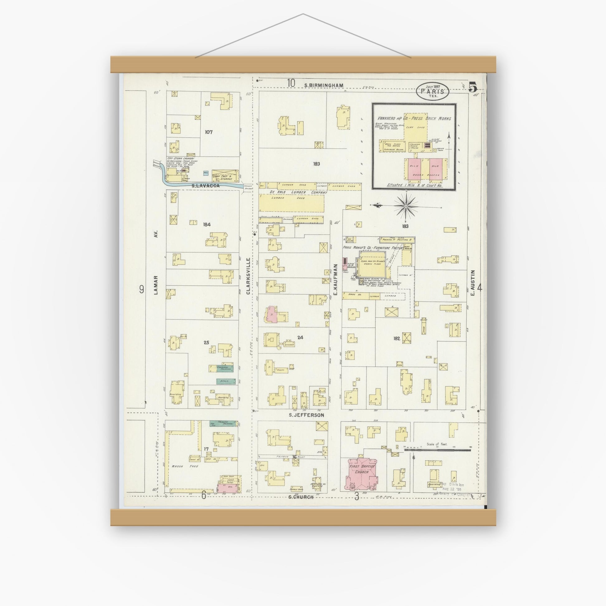 Old map wall art mockup — magnetic wood frame on white wall — Sanborn Fire Insurance Map from Paris, Lamar County, Texas (1897), Sheet #0005