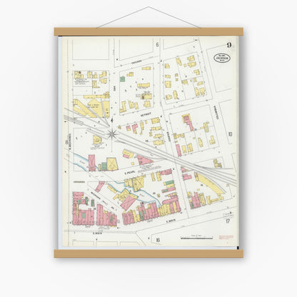 Old map wall art mockup — magnetic wood frame on white wall — Sanborn Fire Insurance Map from Jackson, Jackson County, Michigan (1899), Sheet #0009