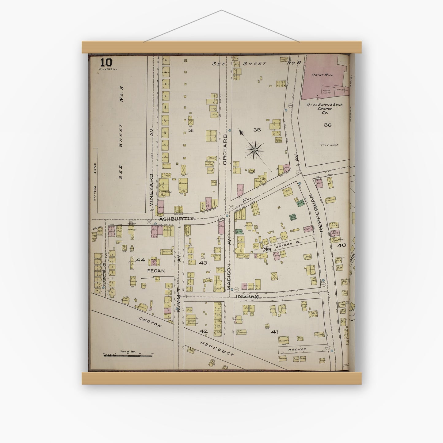 Old map wall art mockup — magnetic wood frame on white wall — Sanborn Fire Insurance Map from Yonkers, Westchester County, New York (1886), Sheet #0010