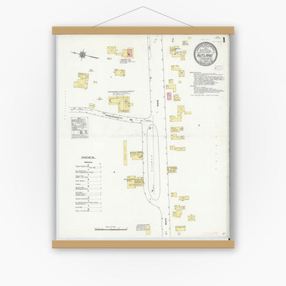 Old map wall art mockup — magnetic wood frame on white wall — Sanborn Fire Insurance Map from Rutland, Worcester County, Massachusetts (1910) - Complete Map Set
