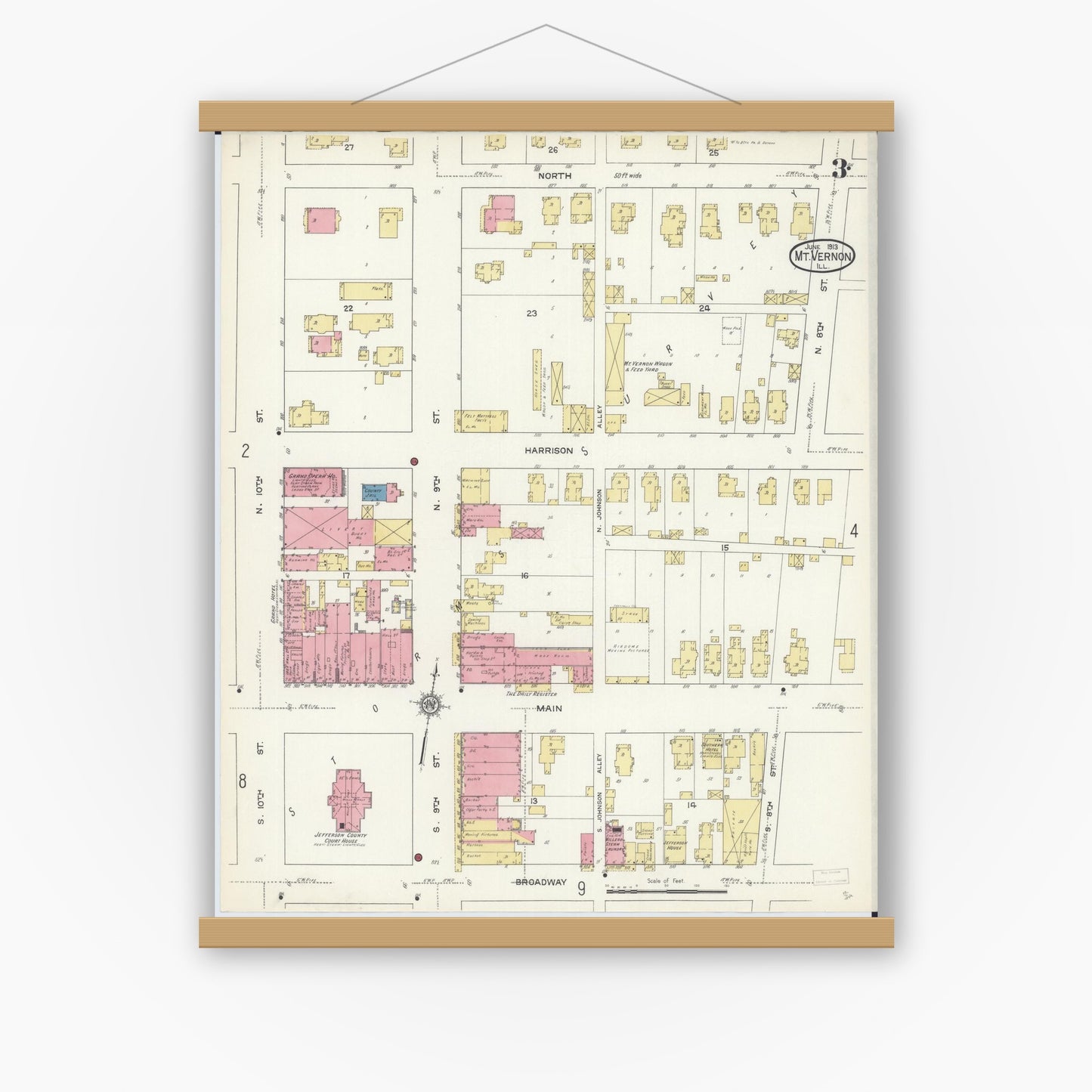 Old map wall art mockup — magnetic wood frame on white wall — Sanborn Fire Insurance Map from Mount Vernon, Jefferson County, Illinois (1913), Sheet #0003