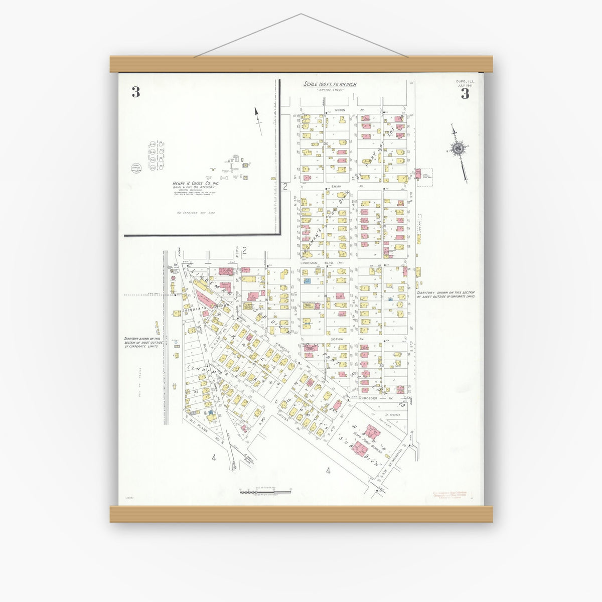 Old map wall art mockup — magnetic wood frame on white wall — Sanborn Fire Insurance Map from Dupo, Saint Clair County, Illinois (1941), Sheet #0003