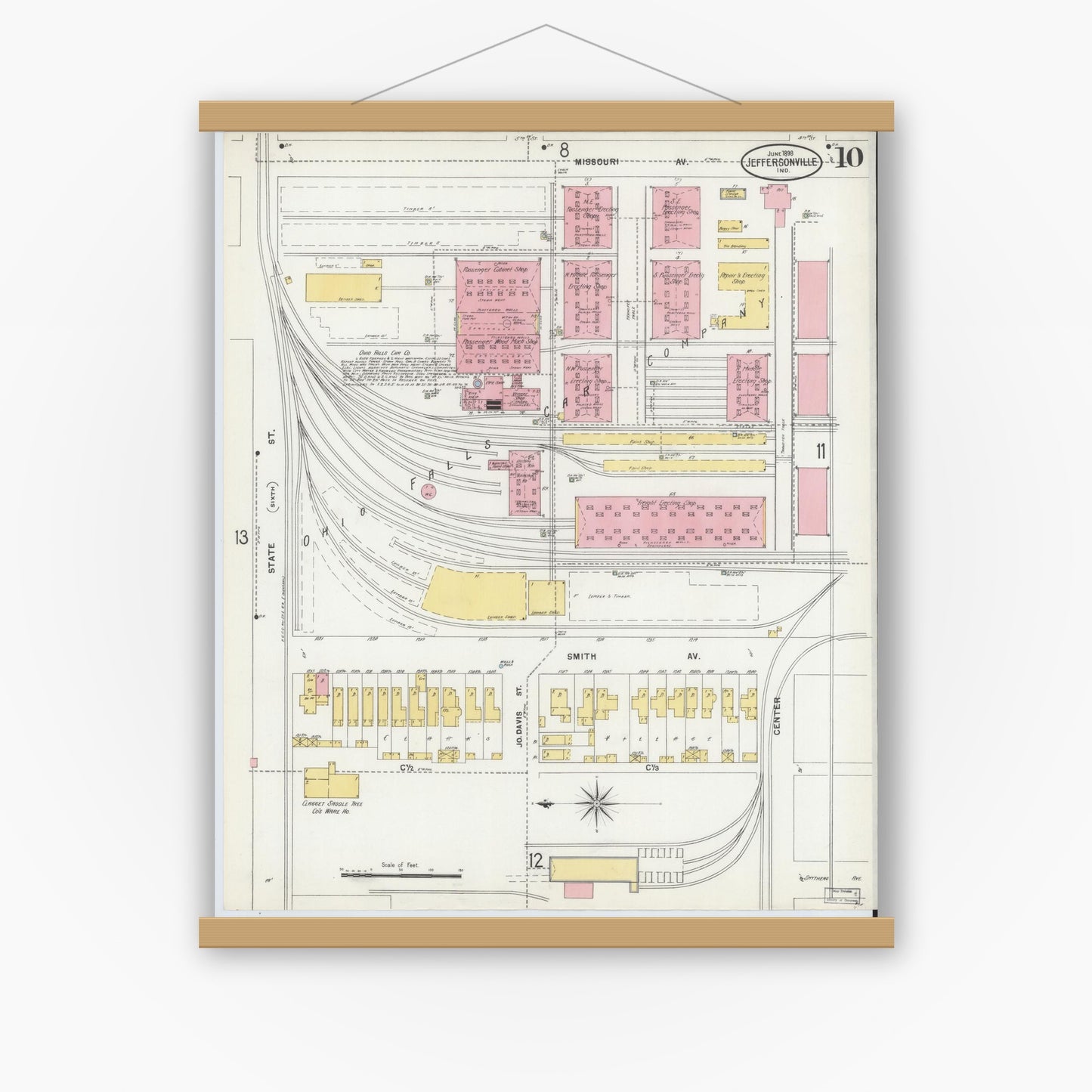 Old map wall art mockup — magnetic wood frame on white wall — Sanborn Fire Insurance Map from Jeffersonville, Clark County, Indiana (1898), Sheet #0010