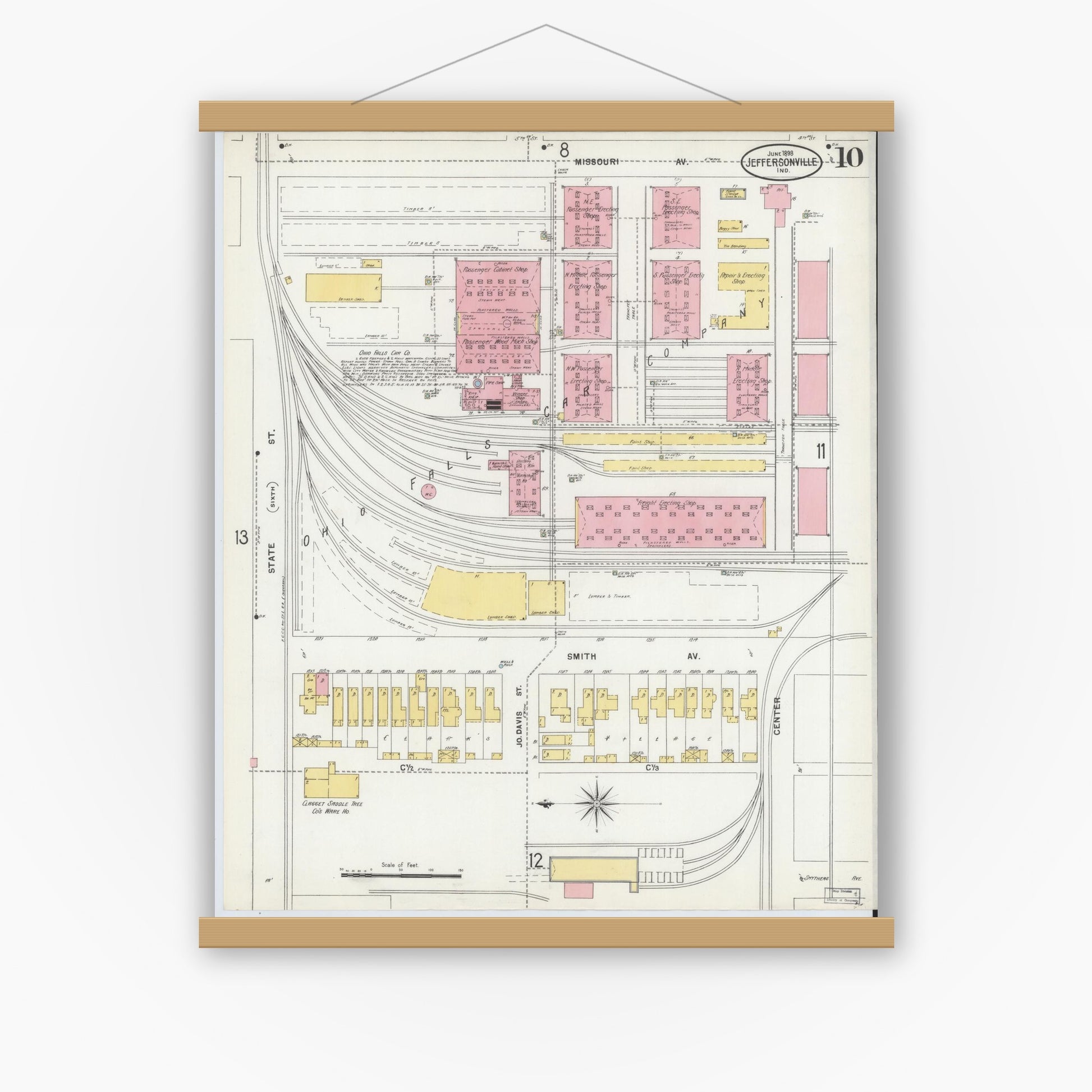 Old map wall art mockup — magnetic wood frame on white wall — Sanborn Fire Insurance Map from Jeffersonville, Clark County, Indiana (1898), Sheet #0010