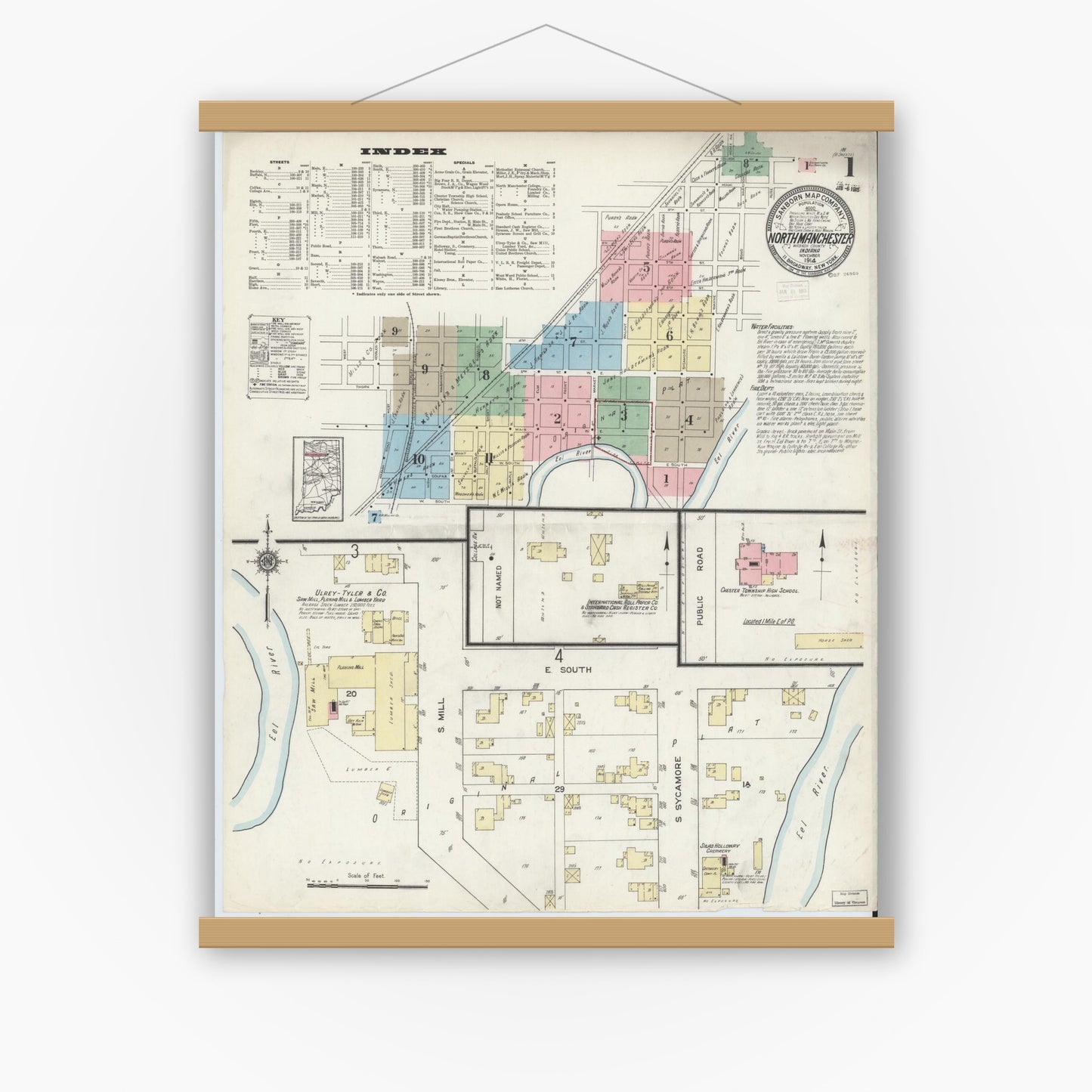 Old map wall art mockup — magnetic wood frame on white wall — Sanborn Fire Insurance Map from North Manchester, Wabash County, Indiana (1914) - Complete Map Set