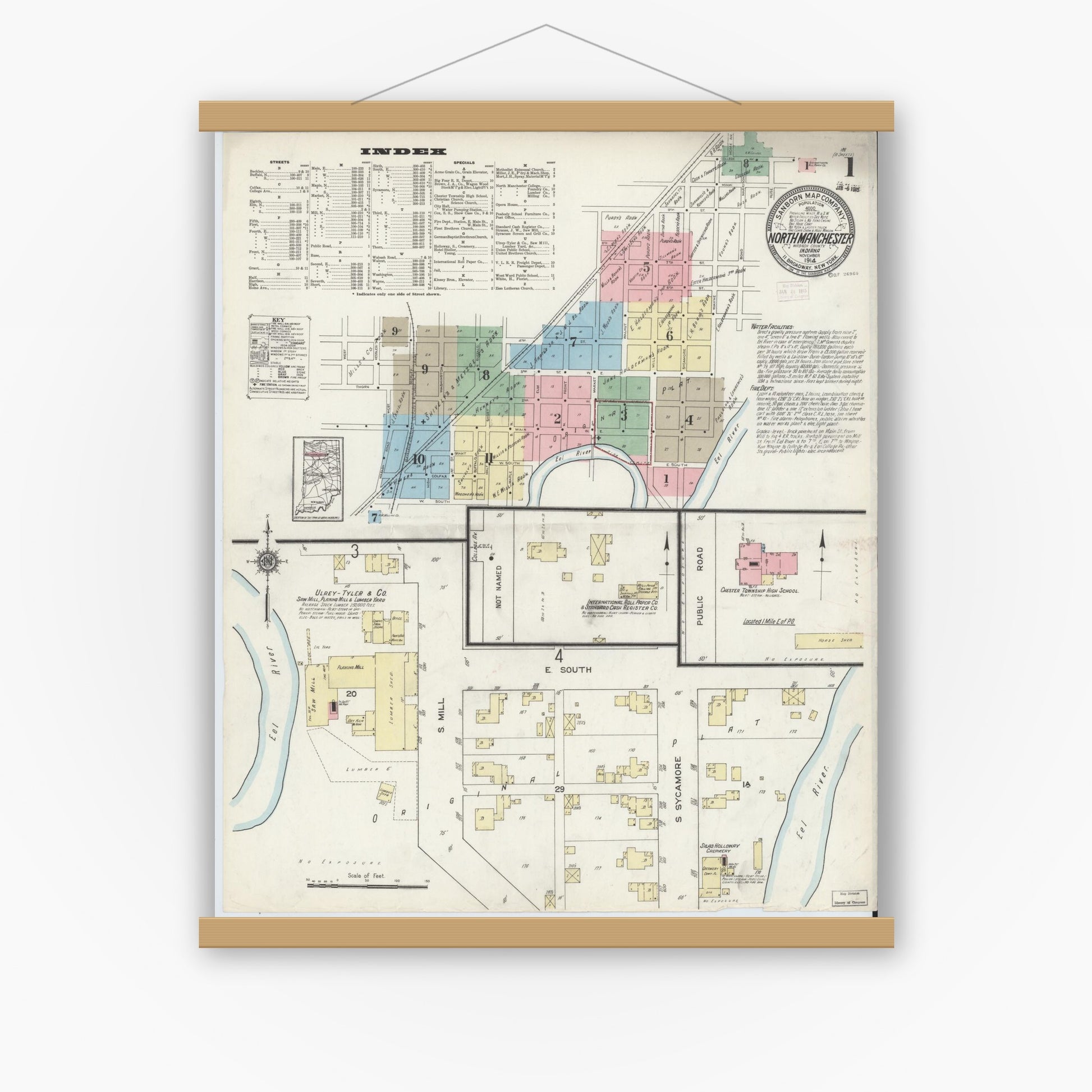 Old map wall art mockup — magnetic wood frame on white wall — Sanborn Fire Insurance Map from North Manchester, Wabash County, Indiana (1914) - Complete Map Set