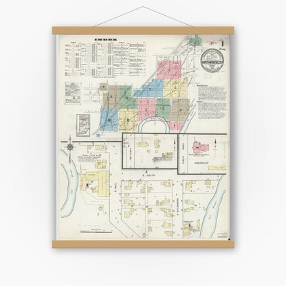 Old map wall art mockup — magnetic wood frame on white wall — Sanborn Fire Insurance Map from North Manchester, Wabash County, Indiana (1914) - Complete Map Set