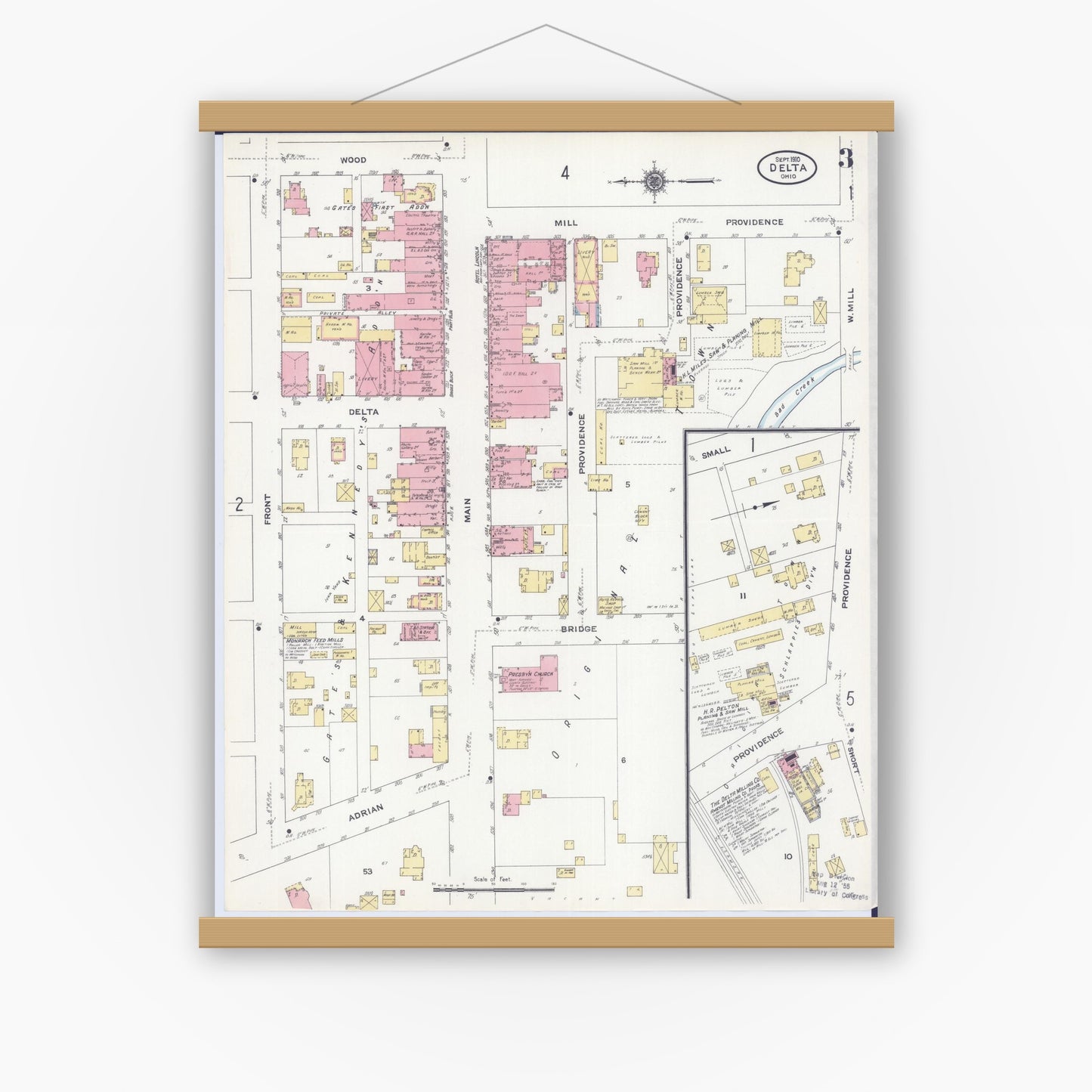 Old map wall art mockup — magnetic wood frame on white wall — Sanborn Fire Insurance Map from Delta, Fulton County, Ohio (1910), Sheet #0003