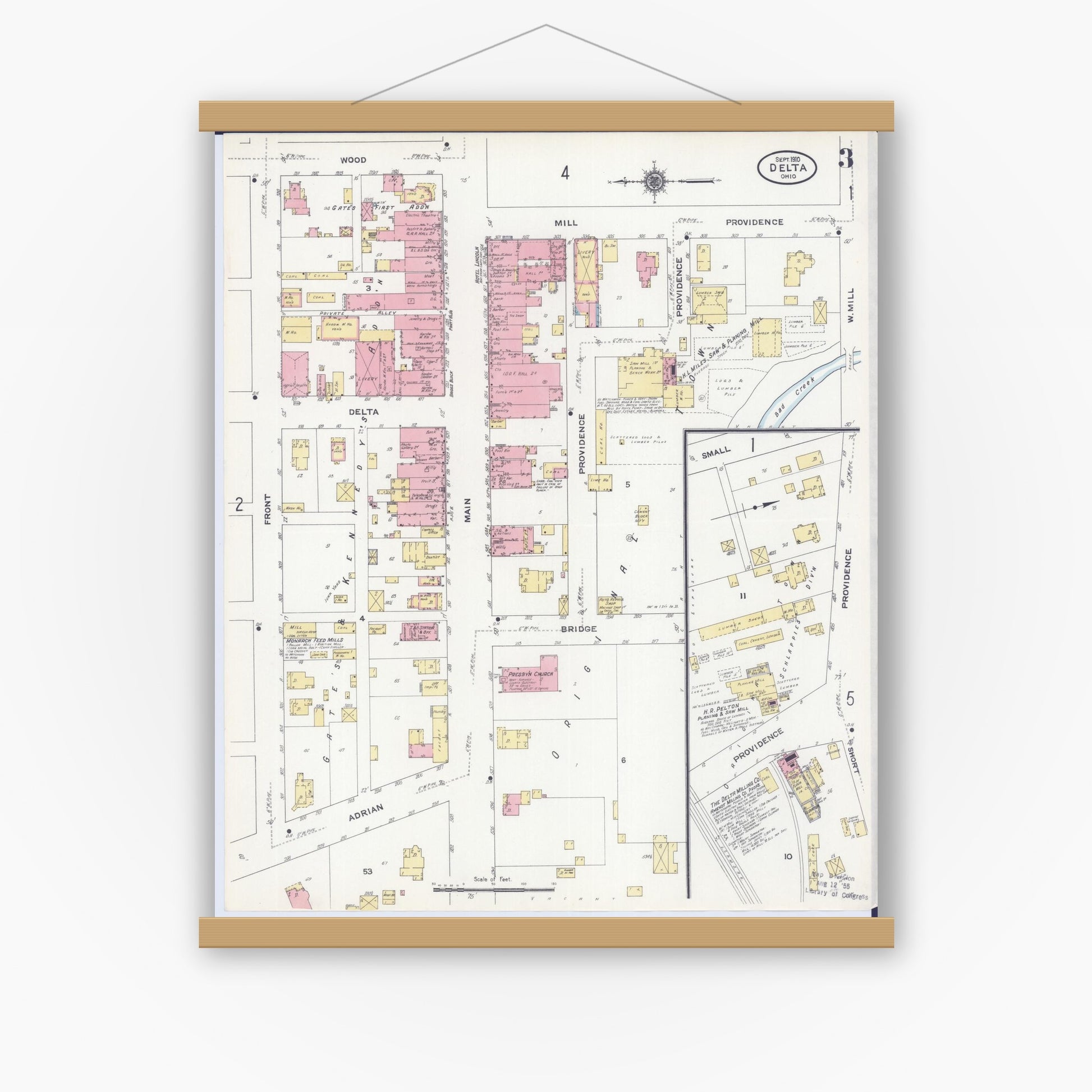 Old map wall art mockup — magnetic wood frame on white wall — Sanborn Fire Insurance Map from Delta, Fulton County, Ohio (1910), Sheet #0003