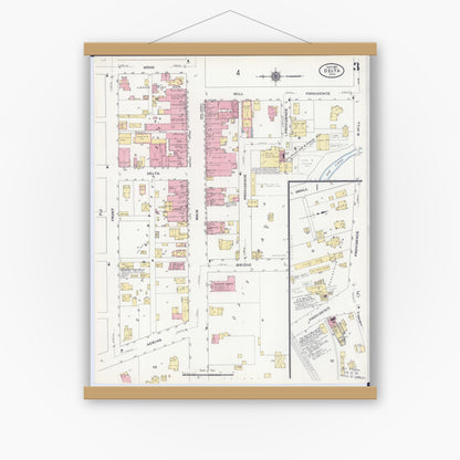 Old map wall art mockup — magnetic wood frame on white wall — Sanborn Fire Insurance Map from Delta, Fulton County, Ohio (1910), Sheet #0003