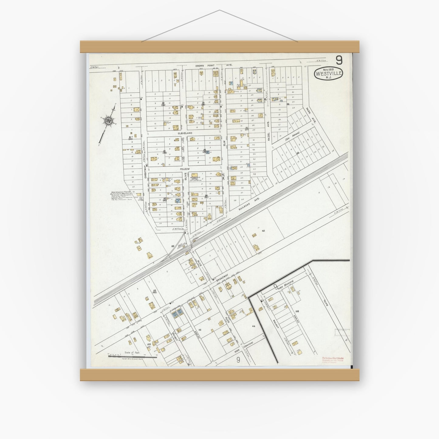 Old map wall art mockup — magnetic wood frame on white wall — Sanborn Fire Insurance Map from Westville, Gloucester County, New Jersey (1919), Sheet #0009
