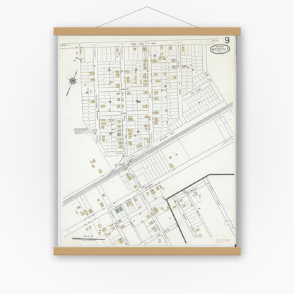 Old map wall art mockup — magnetic wood frame on white wall — Sanborn Fire Insurance Map from Westville, Gloucester County, New Jersey (1919), Sheet #0009