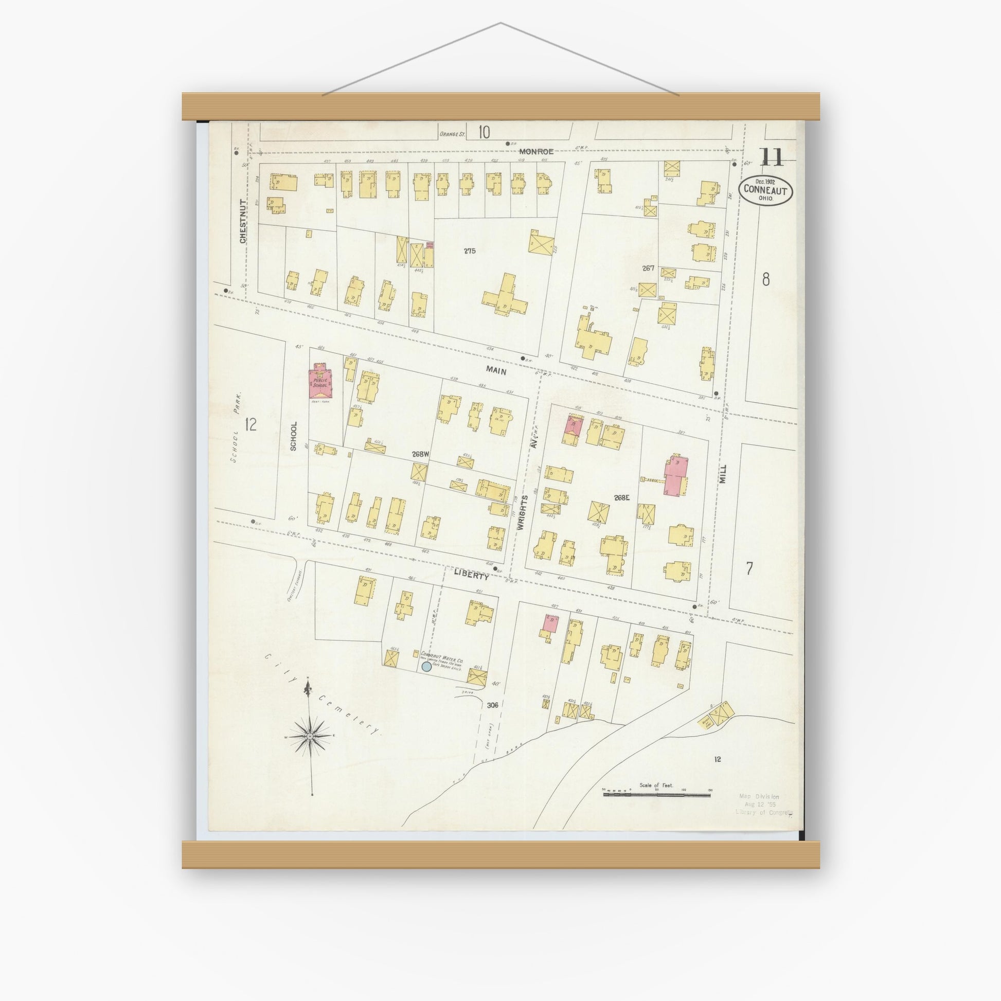 Old map wall art mockup — magnetic wood frame on white wall — Sanborn Fire Insurance Map from Conneaut, Ashtabula County, Ohio (1902), Sheet #0011