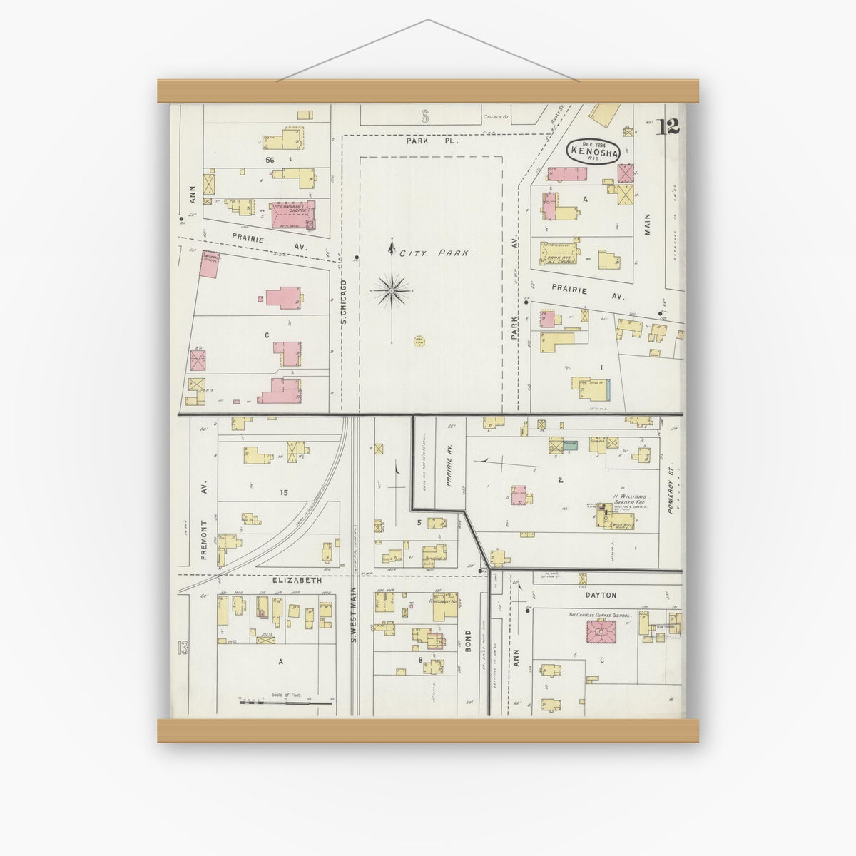 Old map wall art mockup — magnetic wood frame on white wall — Sanborn Fire Insurance Map from Kenosha, Kenosha County, Wisconsin (1894), Sheet #0012