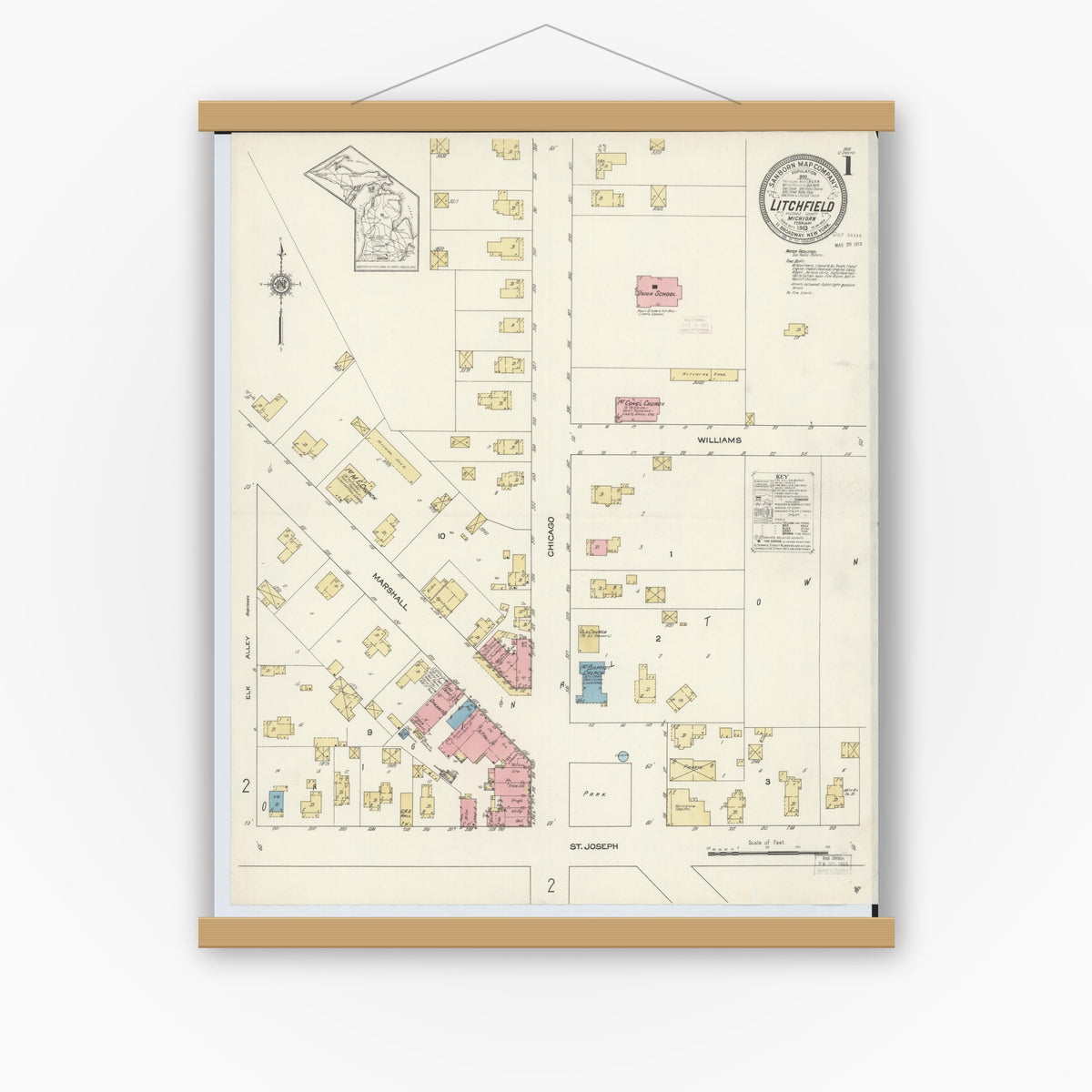 Old map wall art mockup — magnetic wood frame on white wall — Sanborn Fire Insurance Map from Litchfield, Hillsdale County, Michigan (1913), Sheet #0001