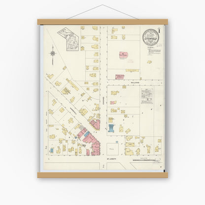 Old map wall art mockup — magnetic wood frame on white wall — Sanborn Fire Insurance Map from Litchfield, Hillsdale County, Michigan (1913), Sheet #0001