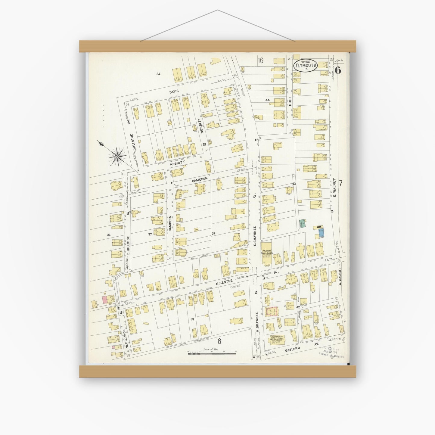 Old map wall art mockup — magnetic wood frame on white wall — Sanborn Fire Insurance Map from Plymouth, Luzerne County, Pennsylvania (1907), Sheet #0006