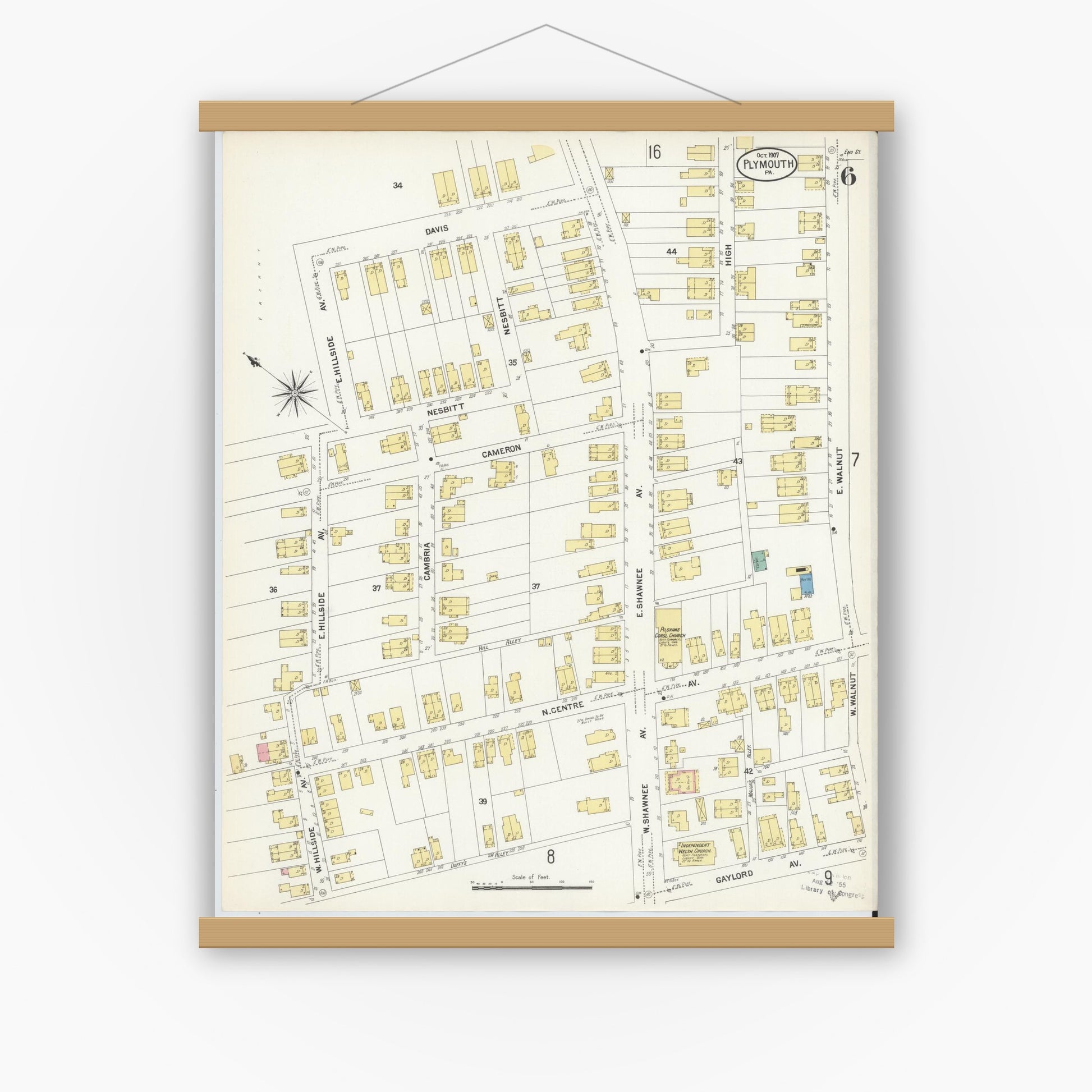 Old map wall art mockup — magnetic wood frame on white wall — Sanborn Fire Insurance Map from Plymouth, Luzerne County, Pennsylvania (1907), Sheet #0006
