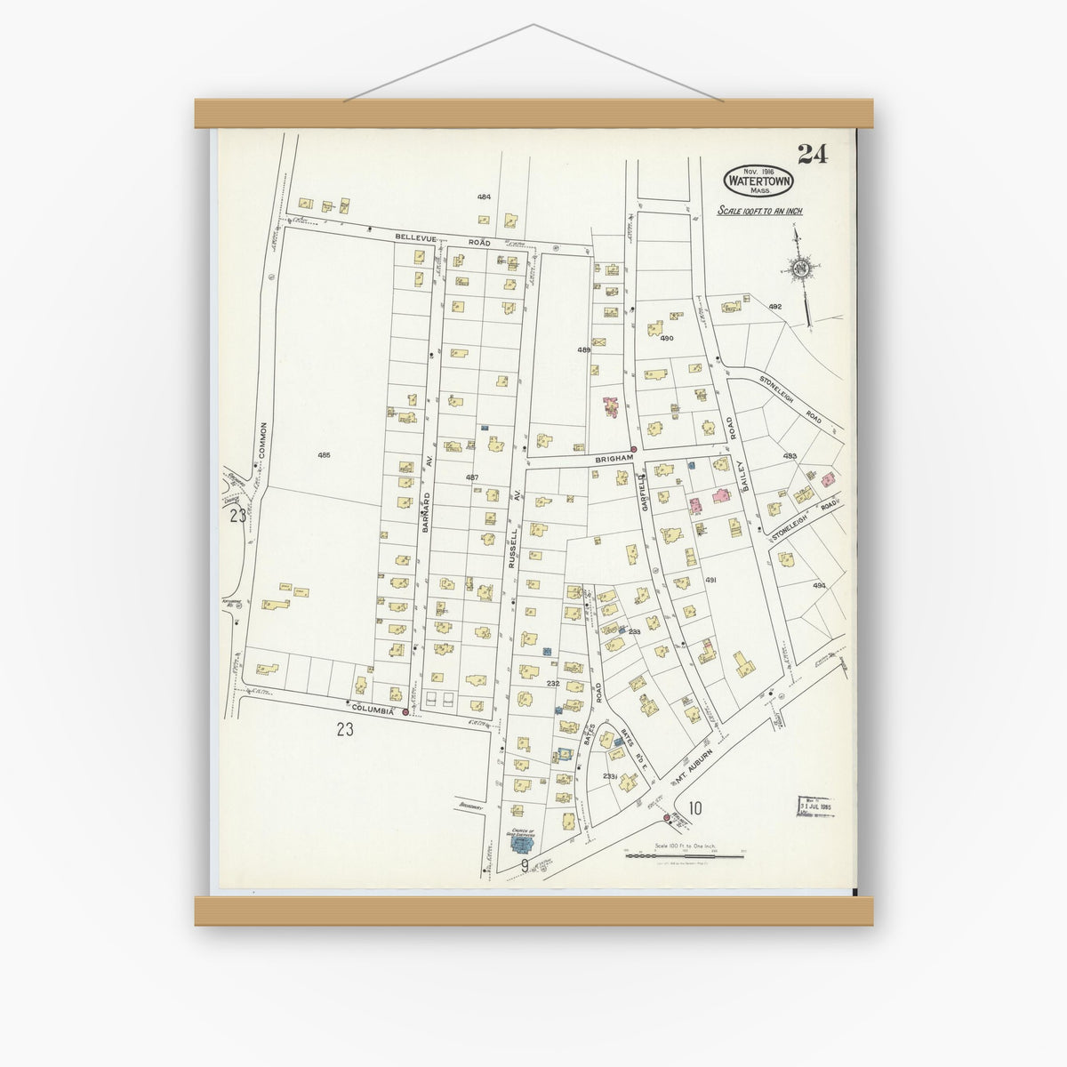 Old map wall art mockup — magnetic wood frame on white wall — Sanborn Fire Insurance Map from Watertown, Middlesex County, Massachusetts (1916), Sheet #0024