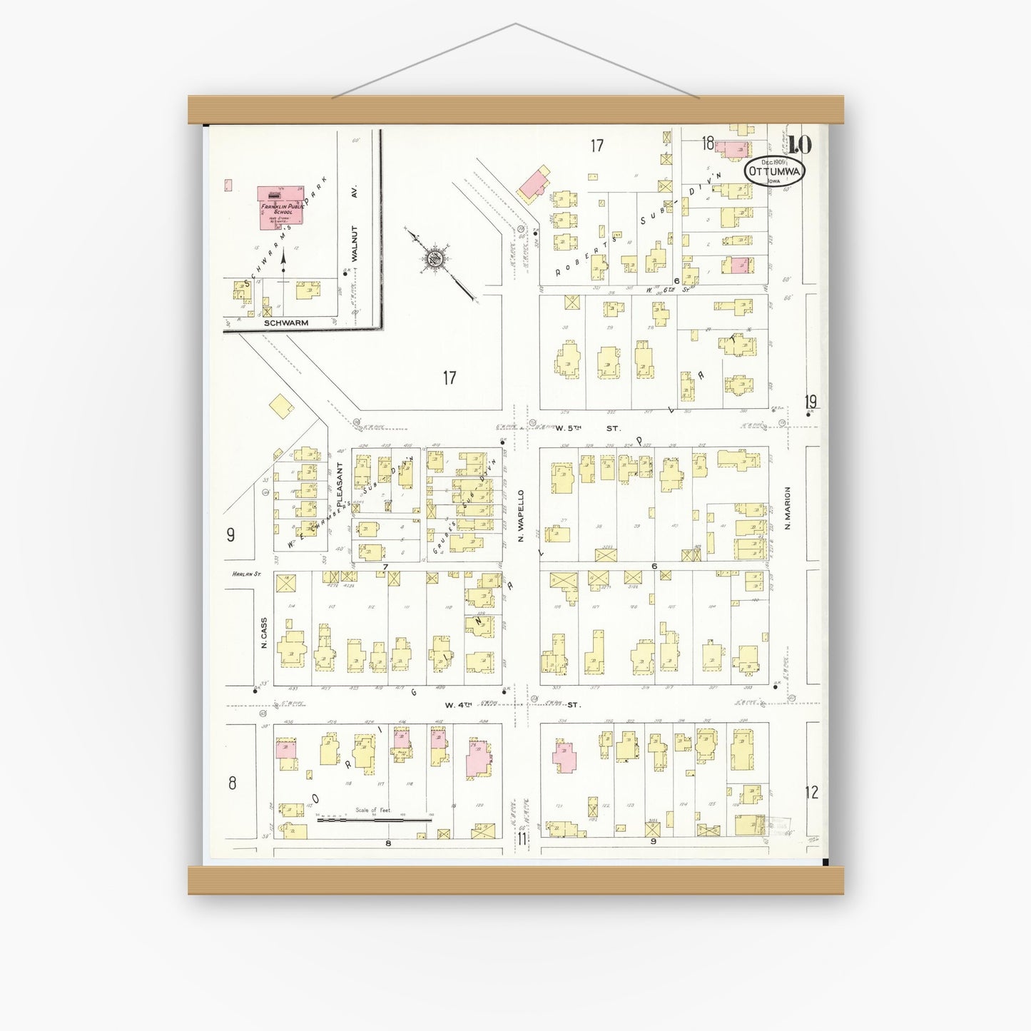 Old map wall art mockup — magnetic wood frame on white wall — Sanborn Fire Insurance Map from Ottumwa, Wapello County, Iowa (1909), Sheet #0010