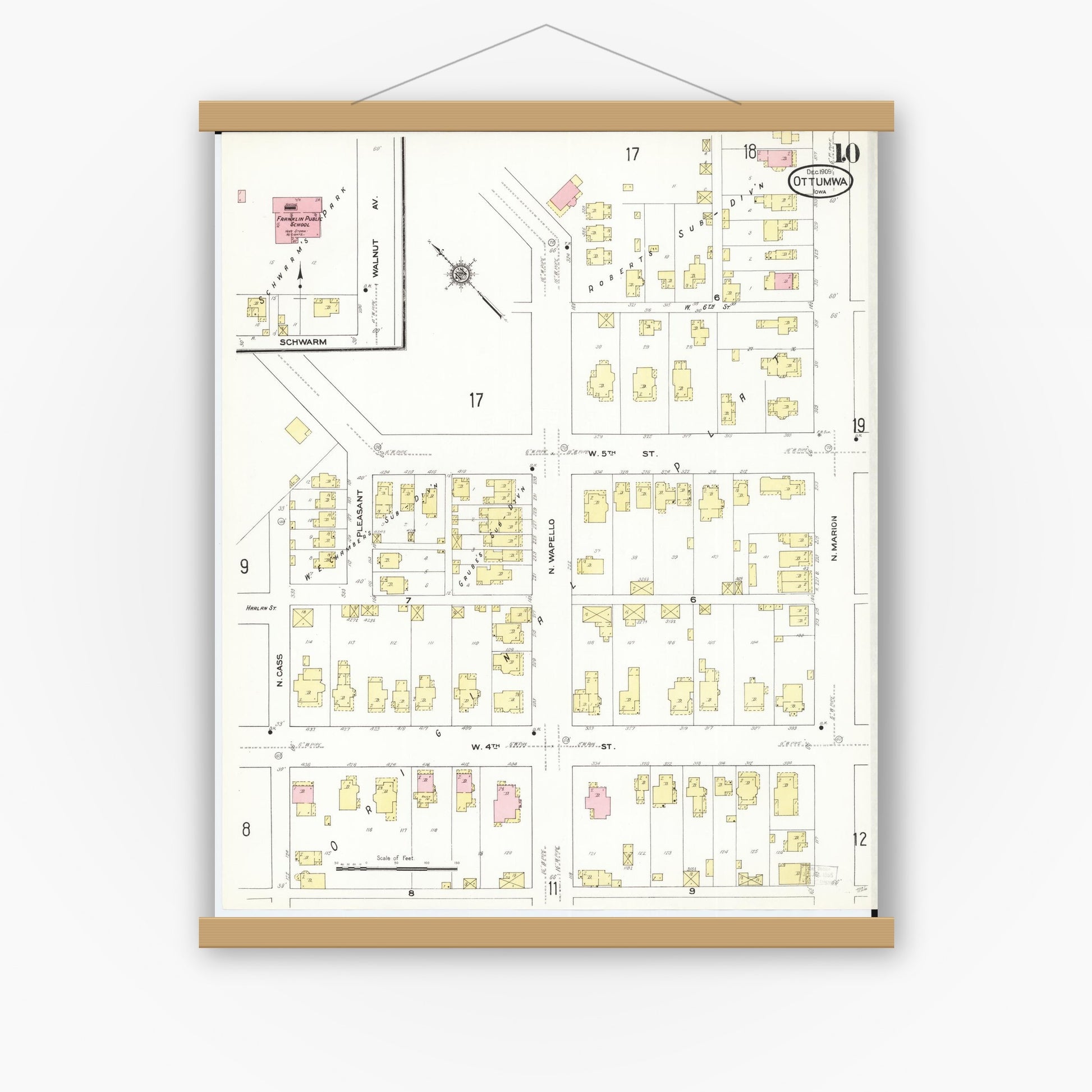 Old map wall art mockup — magnetic wood frame on white wall — Sanborn Fire Insurance Map from Ottumwa, Wapello County, Iowa (1909), Sheet #0010