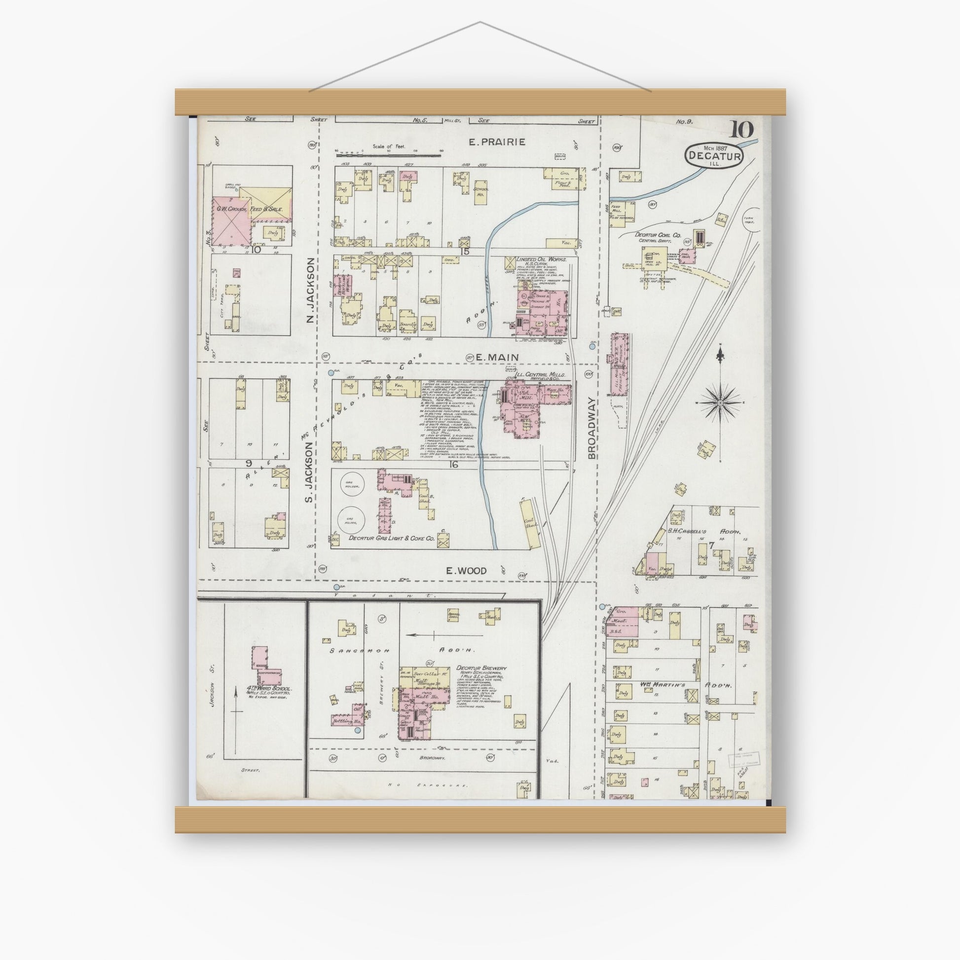 Old map wall art mockup — magnetic wood frame on white wall — Sanborn Fire Insurance Map from Decatur, Macon County, Illinois (1887), Sheet #0010