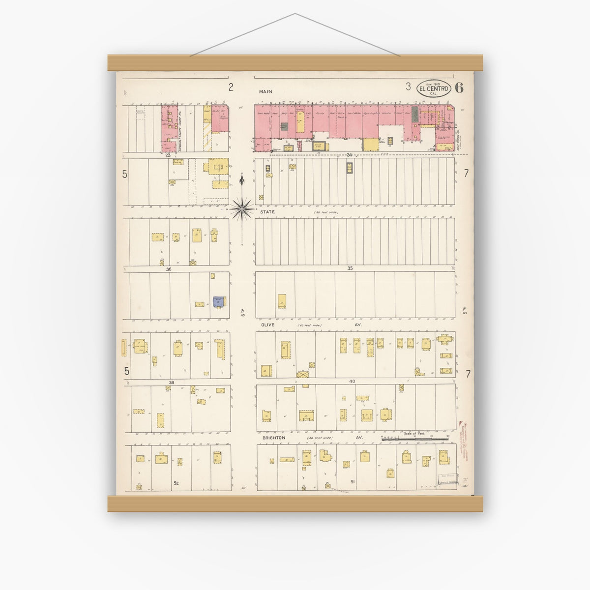 Old map wall art mockup — magnetic wood frame on white wall — Sanborn Fire Insurance Map from El Centro, Imperial County, California (1910), Sheet #0006
