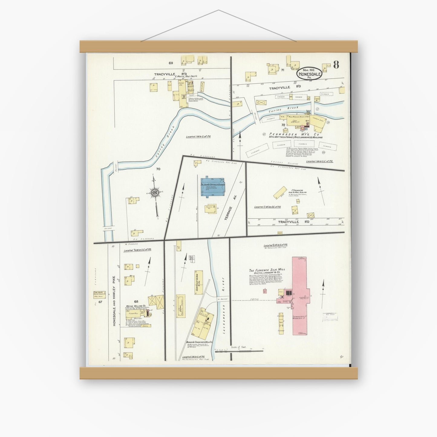 Old map wall art mockup — magnetic wood frame on white wall — Sanborn Fire Insurance Map from Honesdale, Wayne County, Pennsylvania (1912), Sheet #0008