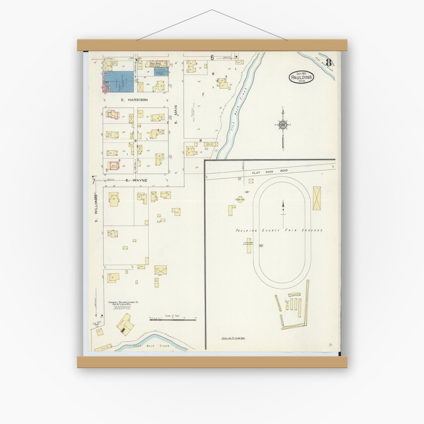 Old map wall art mockup — magnetic wood frame on white wall — Sanborn Fire Insurance Map from Paulding, Paulding County, Ohio (1913), Sheet #0008
