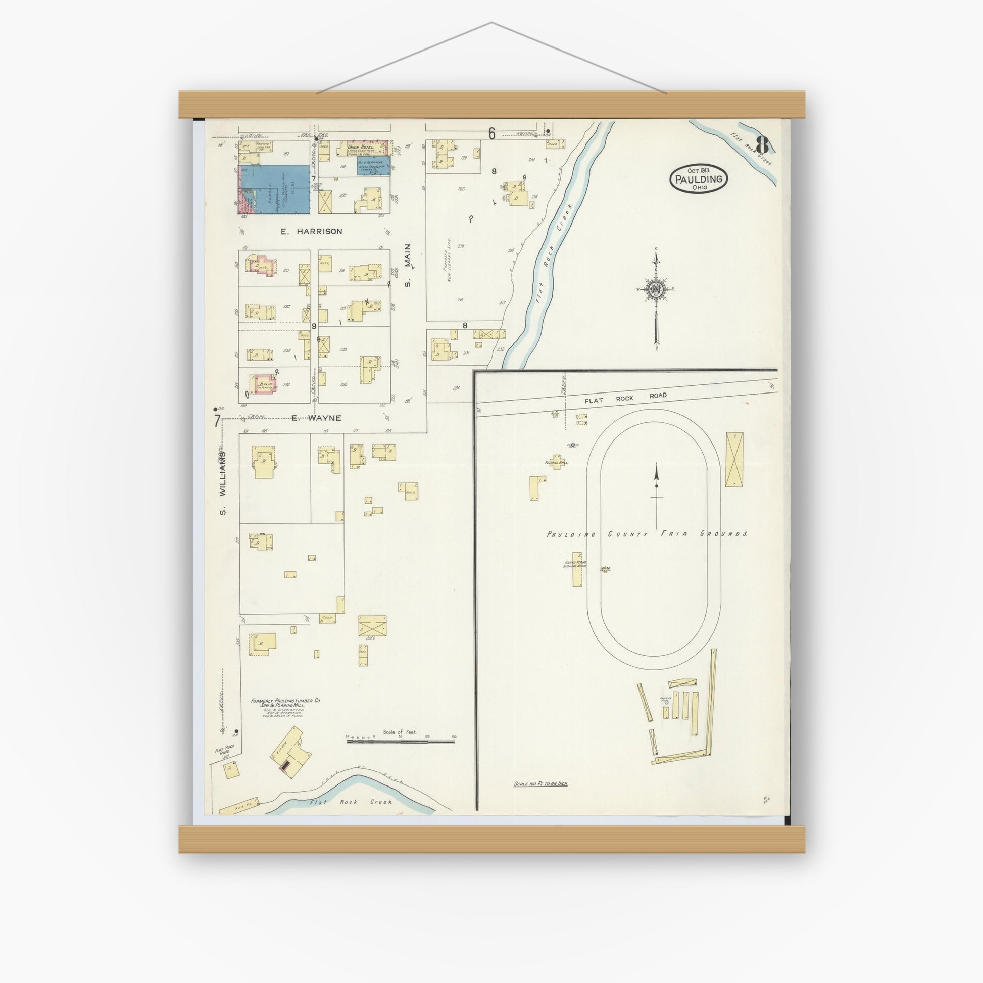 Old map wall art mockup — magnetic wood frame on white wall — Sanborn Fire Insurance Map from Paulding, Paulding County, Ohio (1913), Sheet #0008