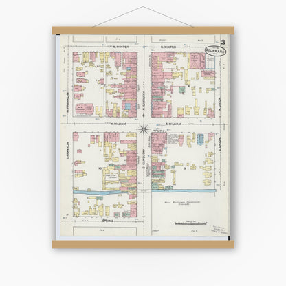Old map wall art mockup — magnetic wood frame on white wall — Sanborn Fire Insurance Map from Delaware, Delaware County, Ohio (1890), Sheet #0003
