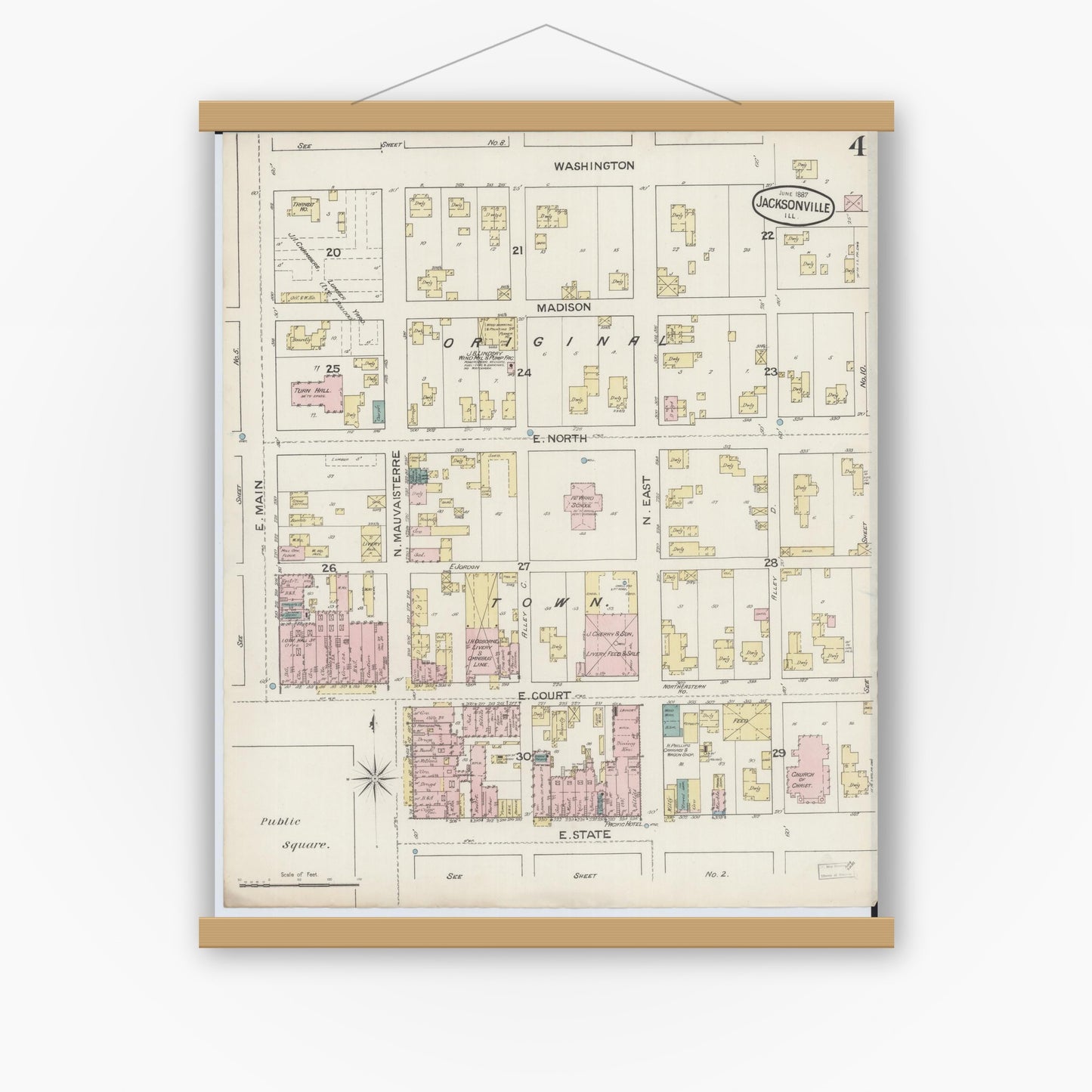 Old map wall art mockup — magnetic wood frame on white wall — Sanborn Fire Insurance Map from Jacksonville, Morgan County, Illinois (1887), Sheet #0004