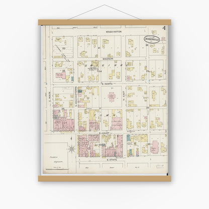 Old map wall art mockup — magnetic wood frame on white wall — Sanborn Fire Insurance Map from Jacksonville, Morgan County, Illinois (1887), Sheet #0004