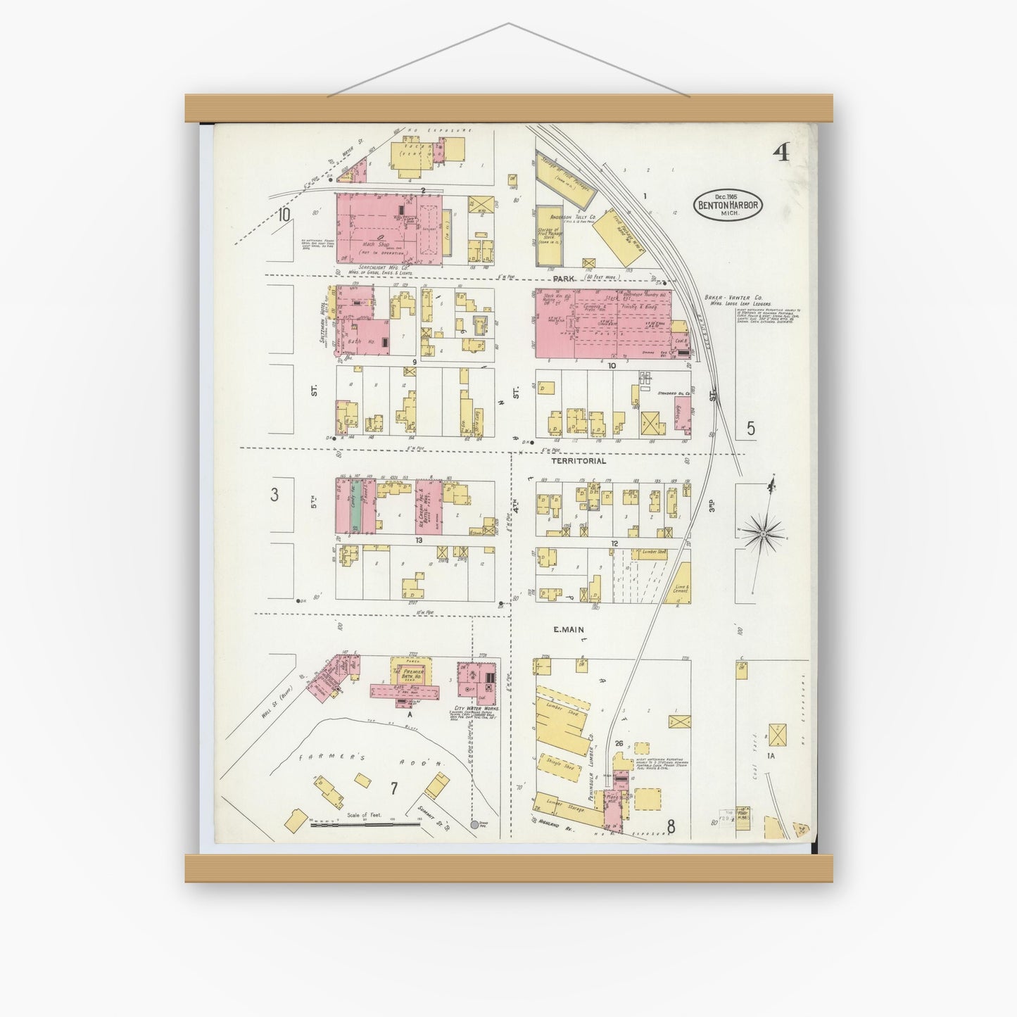 Old map wall art mockup — magnetic wood frame on white wall — Sanborn Fire Insurance Map from Benton Harbor, Berrien County, Michigan (1905), Sheet #0004