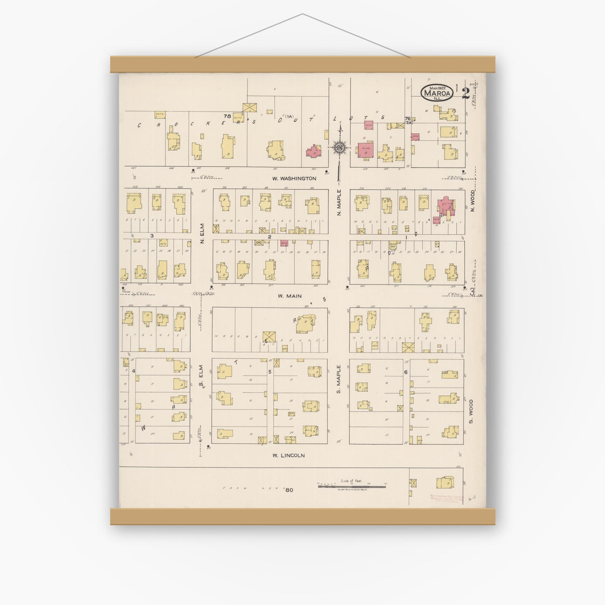 Old map wall art mockup — magnetic wood frame on white wall — Sanborn Fire Insurance Map from Maroa, Macon County, Illinois (1922), Sheet #0002