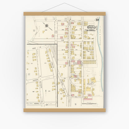 Old map wall art mockup — magnetic wood frame on white wall — Sanborn Fire Insurance Map from Brownsville, Fayette County, Pennsylvania (1921), Sheet #0019
