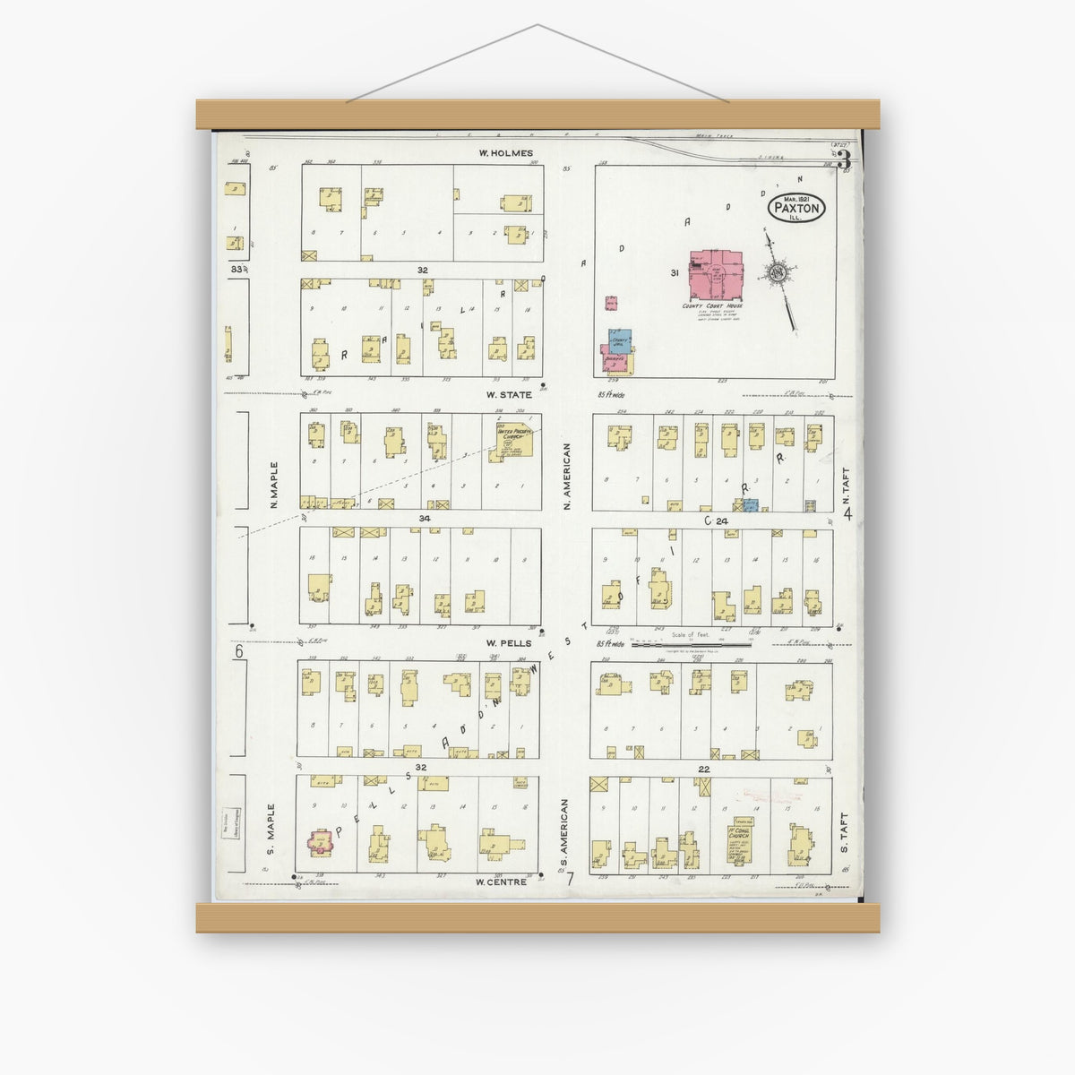 Old map wall art mockup — magnetic wood frame on white wall — Sanborn Fire Insurance Map from Paxton, Ford County, Illinois (1921), Sheet #0003