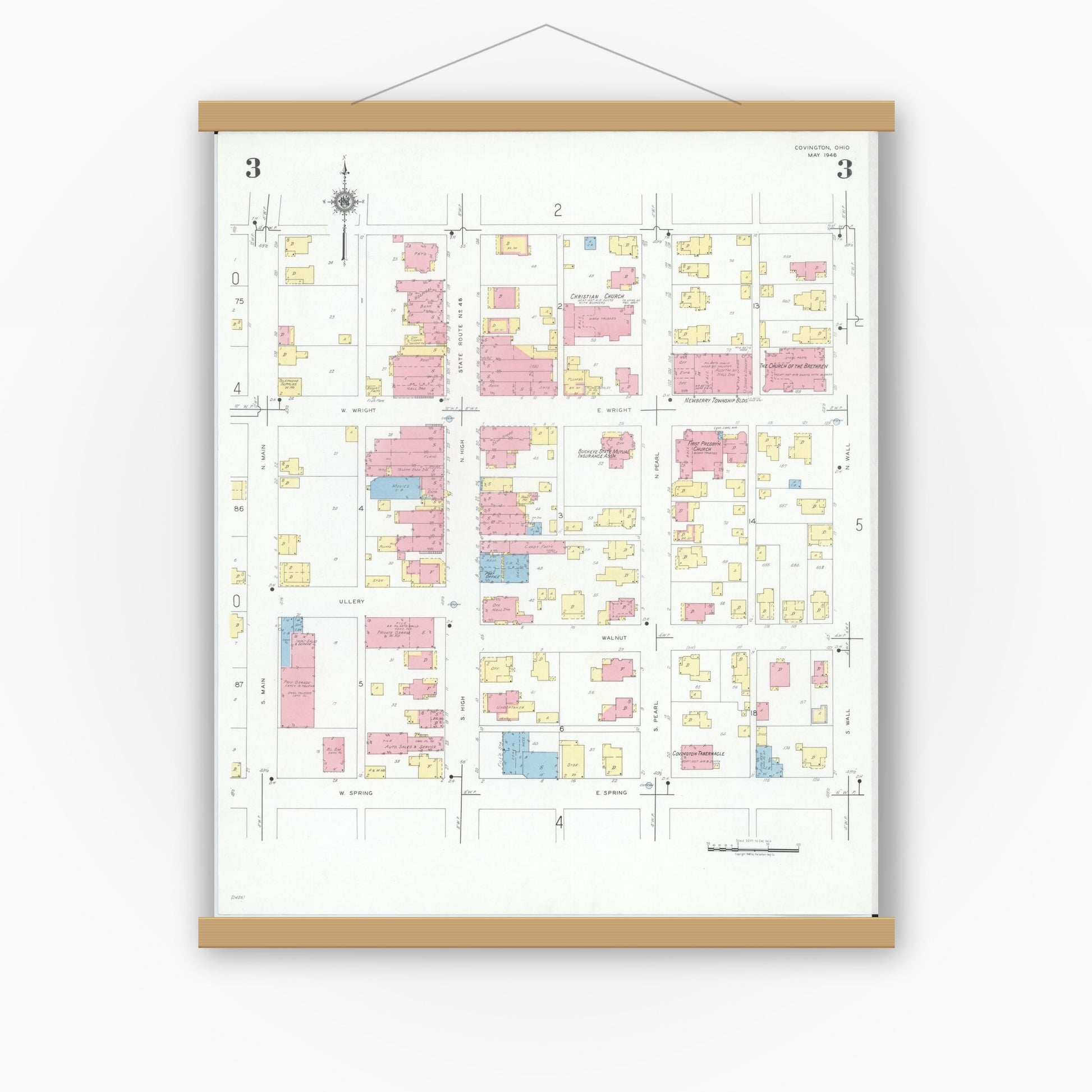Old map wall art mockup — magnetic wood frame on white wall — Sanborn Fire Insurance Map from Covington, Miami County, Ohio (1946), Sheet #0003