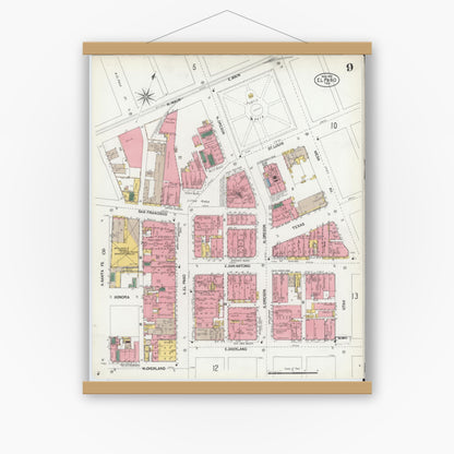 Old map wall art mockup — magnetic wood frame on white wall — Sanborn Fire Insurance Map from El Paso, El Paso County, Texas (1902), Sheet #0009