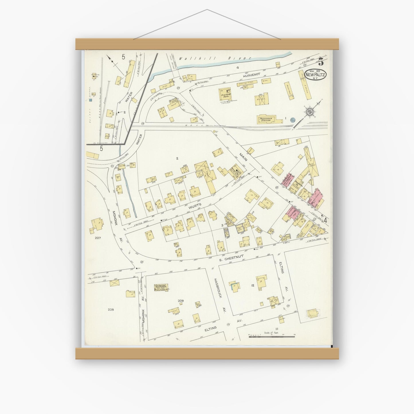 Old map wall art mockup — magnetic wood frame on white wall — Sanborn Fire Insurance Map from New Paltz, Ulster County, New York (1913), Sheet #0005