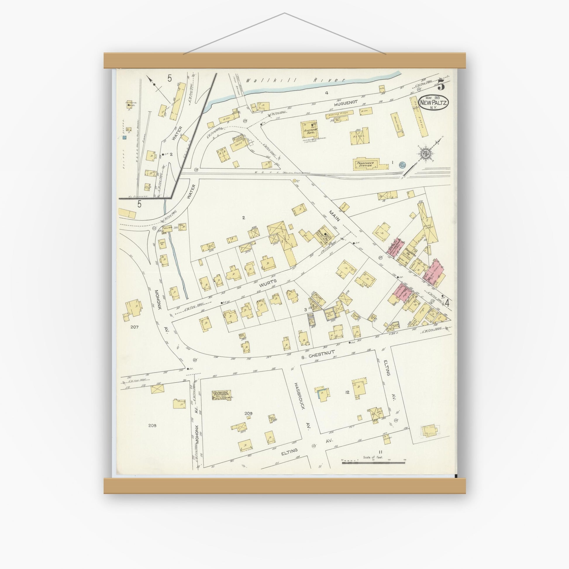 Old map wall art mockup — magnetic wood frame on white wall — Sanborn Fire Insurance Map from New Paltz, Ulster County, New York (1913), Sheet #0005