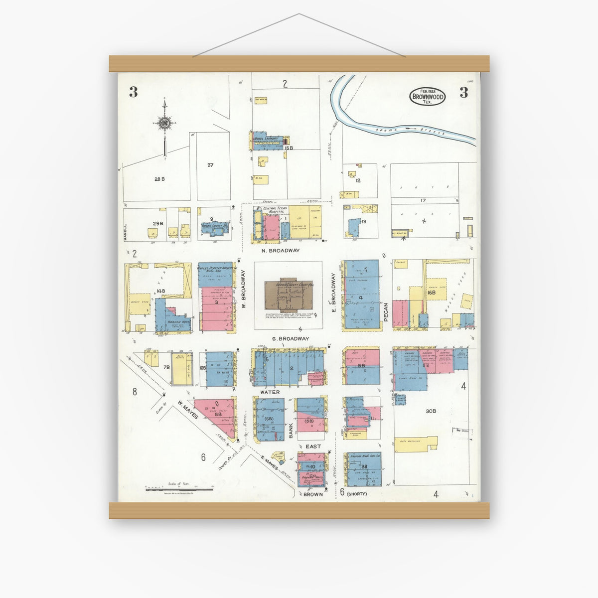 Old map wall art mockup — magnetic wood frame on white wall — Sanborn Fire Insurance Map from Brownwood, Brown County, Texas (1923), Sheet #0003