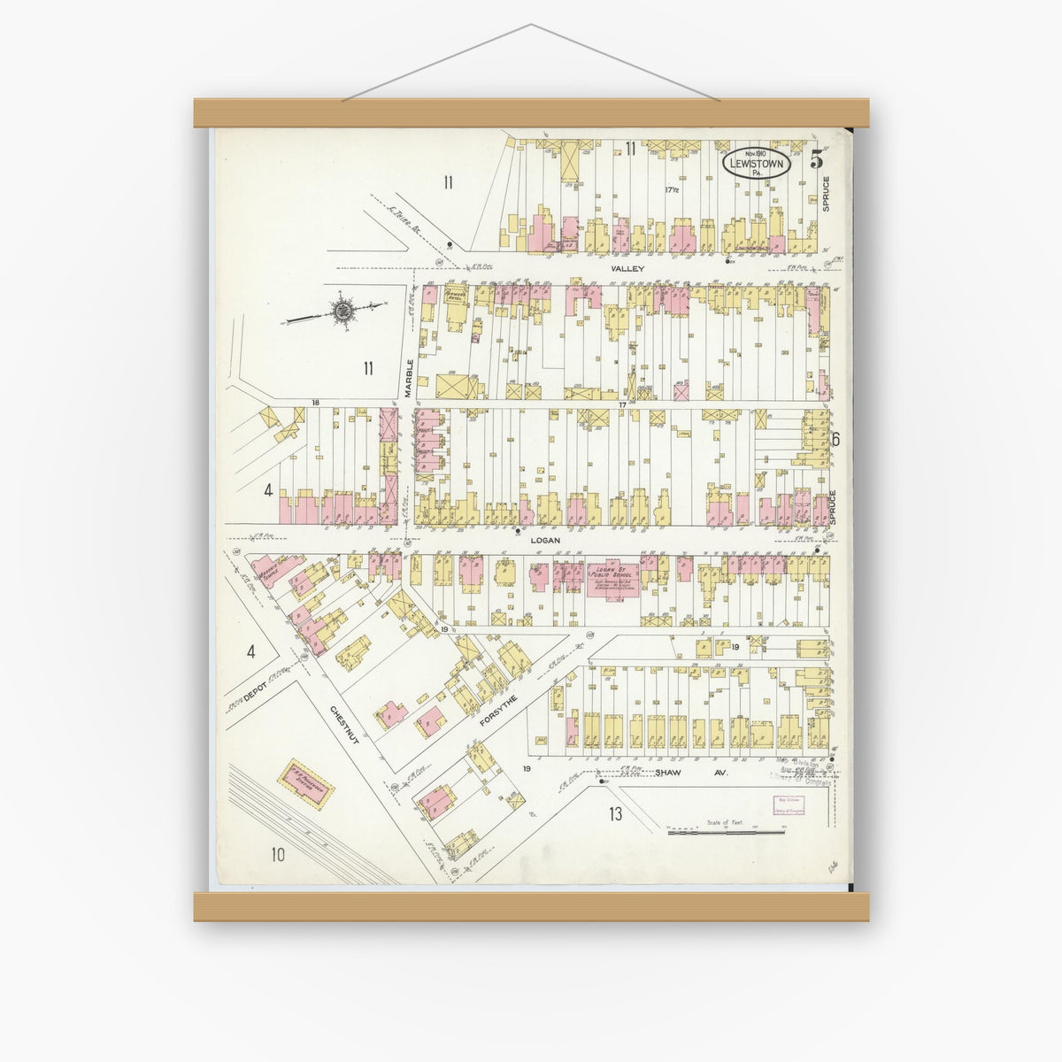 Old map wall art mockup — magnetic wood frame on white wall — Sanborn Fire Insurance Map from Lewistown, Mifflin County, Pennsylvania (1910), Sheet #0005
