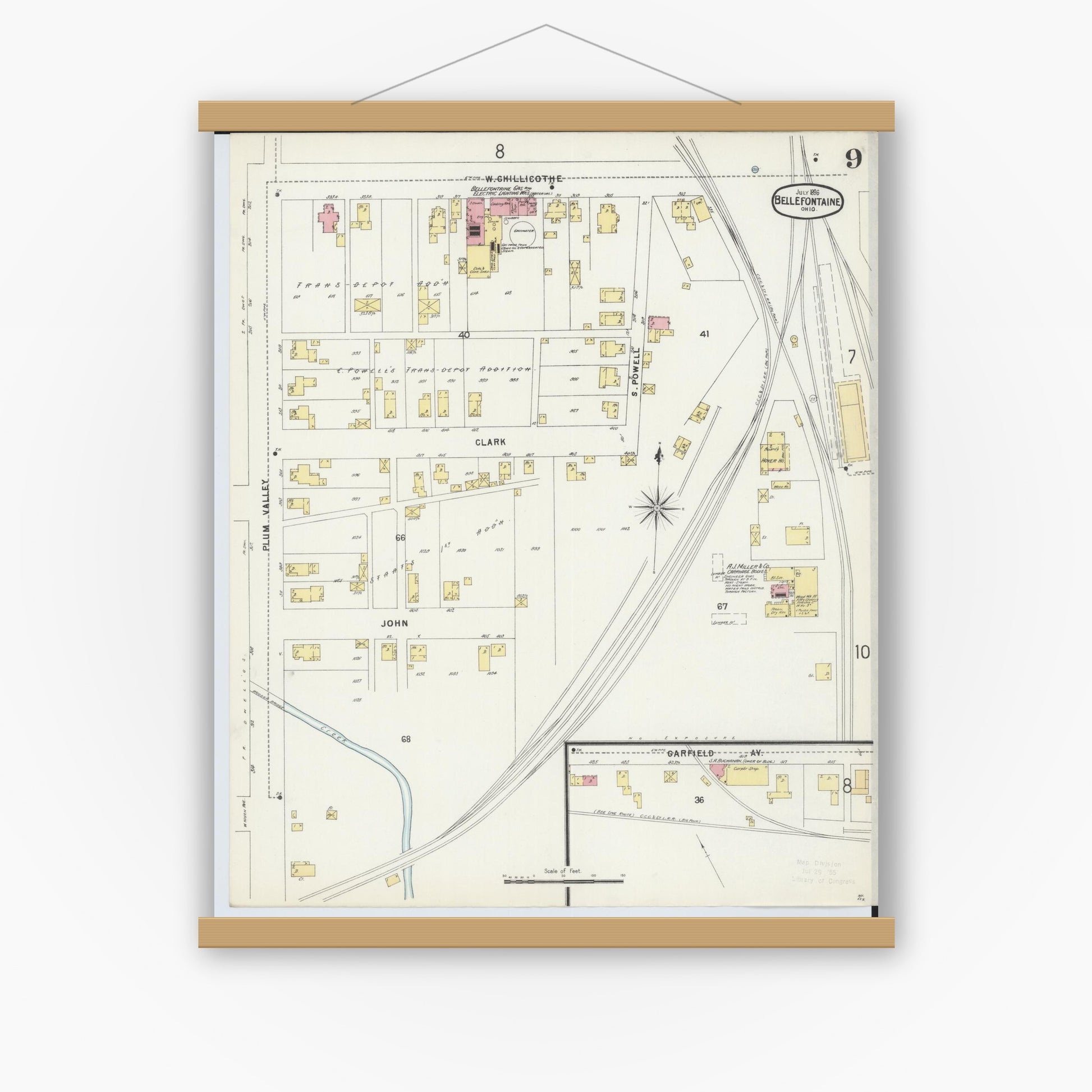 Old map wall art mockup — magnetic wood frame on white wall — Sanborn Fire Insurance Map from Bellefontaine, Logan County, Ohio (1896), Sheet #0009